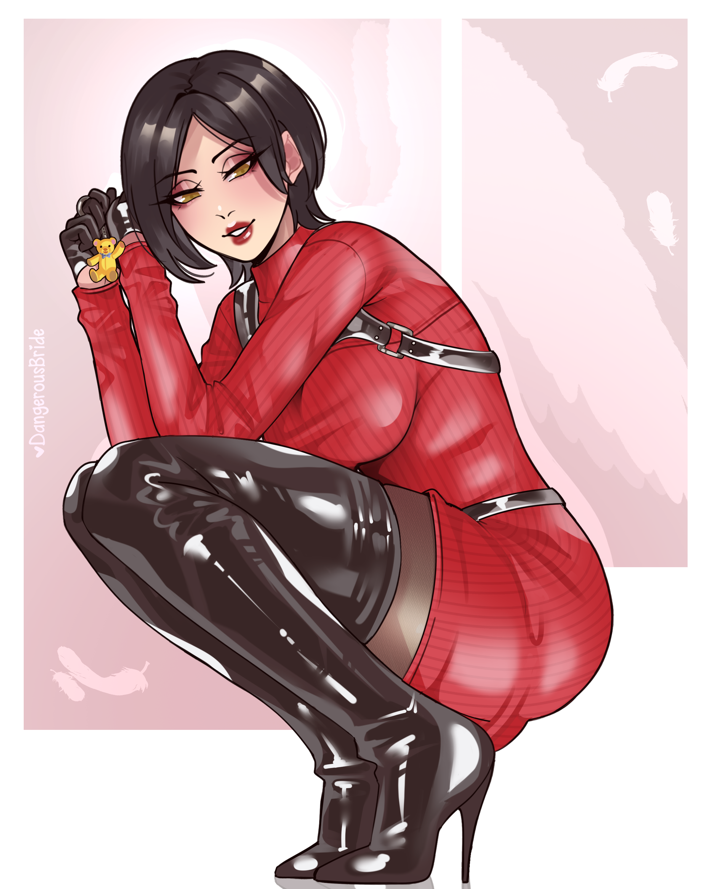 1girls, ada wong, ada wong (adriana), black gloves, black hair, boots, brown eyes, capcom, crouching, dangerousbride, eyelashes, female, female only, gloves, high heel boots, high heels, lipstick, looking at viewer, narrowed eyes, pantyhose, red lipstick, red sweater, resident evil, resident evil 4, resident evil 4 remake, smiling, smiling at viewer, solo, sweater, sweater dress, thick thighs, thigh high boots, very high resolution