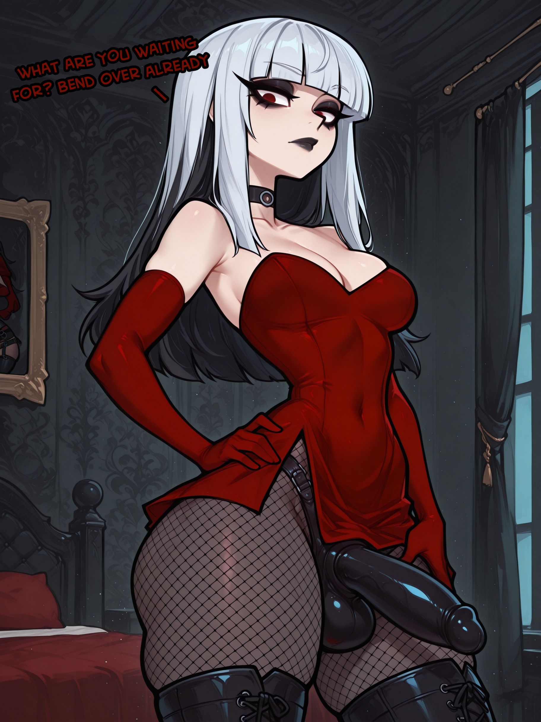 1girl, ai generated, ass, bangs, big ass, big breasts, big hips, black dildo, black eyeshadow, black hair, black lip, black lips, black lipstick, black makeup, breasts, cleavage, clothed, clothing, crimson (tdi), dildo, dress, eyebrows, eyelashes, female, female focus, female only, fishnet, fishnet legwear, fishnet stockings, fishnets, gloves, goth, goth girl, goth makeup, gothic, gothic girl, gothified, hand on hip, long hair, looking at viewer, medium breasts, medium hair, navel, red eyes, smooth skin, solo, solo female, solo focus, strap-on, strapon, the ridonculous race, thick thighs, thighhighs, thighs, total drama (series), total drama island, two-tone hair, velfur (artist), white hair