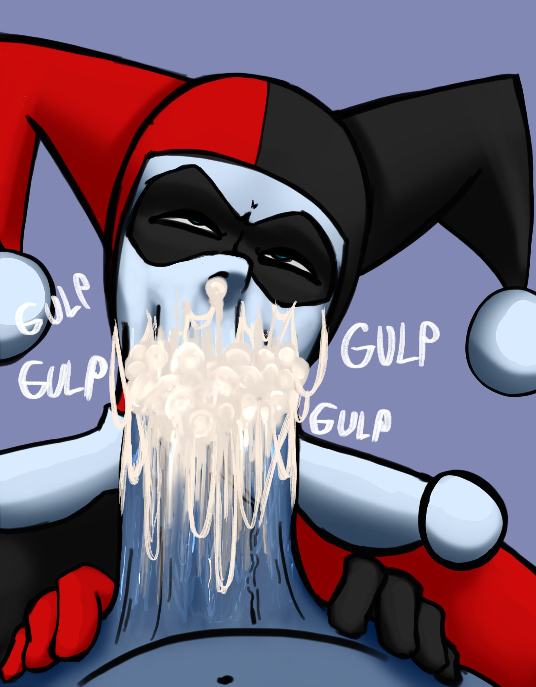 :>=, 1boy, 1girls, batman (series), batman: the animated series, big penis, blowjob, blowjob face, blue eyes, clown, clown girl, cock, cum, cum dripping from nose, cum in mouth, cum on face, cum out nose, dc, dc comics, duo, ejaculation, ejaculation in mouth, erection, fellatio, female, female focus, grey body, grey skin, harley quinn, harley quinn (classic), jester, jester hat, killer croc, large penis, looking up, lots of cum, male, male pov, male/female, oral, oral creampie, penis, penis in mouth, pov, superbone, veiny penis