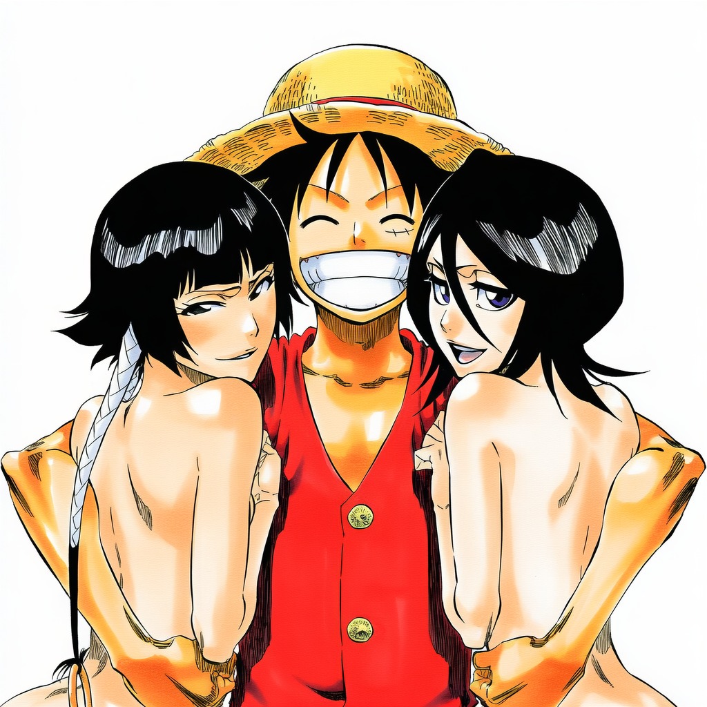 1:1, 1boy, 2girls, accurate art style, accurate body type, ai generated, areolae, arms around back, arms around partner, arms around waist, back, bare arms, bare back, bare shoulders, black eyes, black hair, bleach, braid, cel shading, clavicle, cleavage, closed eyes, clothed, clothed male nude female, clothing, collarbone, completely nude, completely nude female, crossover, digital media, facial scar, facing viewer, female, front view, girl sandwich, grin, group, hair between eyes, hair rings, hair tubes, happy, hat, headwear, hetero, highres, kuchiki rukia, light skin, light-skinned female, line art, looking at viewer, looking over shoulder, looking pleasured, male, manga style, median furrow, monkey d luffy, multiple girls, naked, naughty face, navel, nude, nude female, one piece, open mouth, out-of-frame censoring, parted lips, petite, purple eyes, red vest, sandwiched, scar, scar on cheek, scar on chest, scar on face, shiny hair, shiny skin, short hair, short hair with long locks, side by side, sideboob, simple background, smile, soifon, standing, straight, straw hat, sui-feng, tan skin, tan skinned male, teeth, teeth showing, thin eyebrows, tite kubo style, upper body, vest, white background