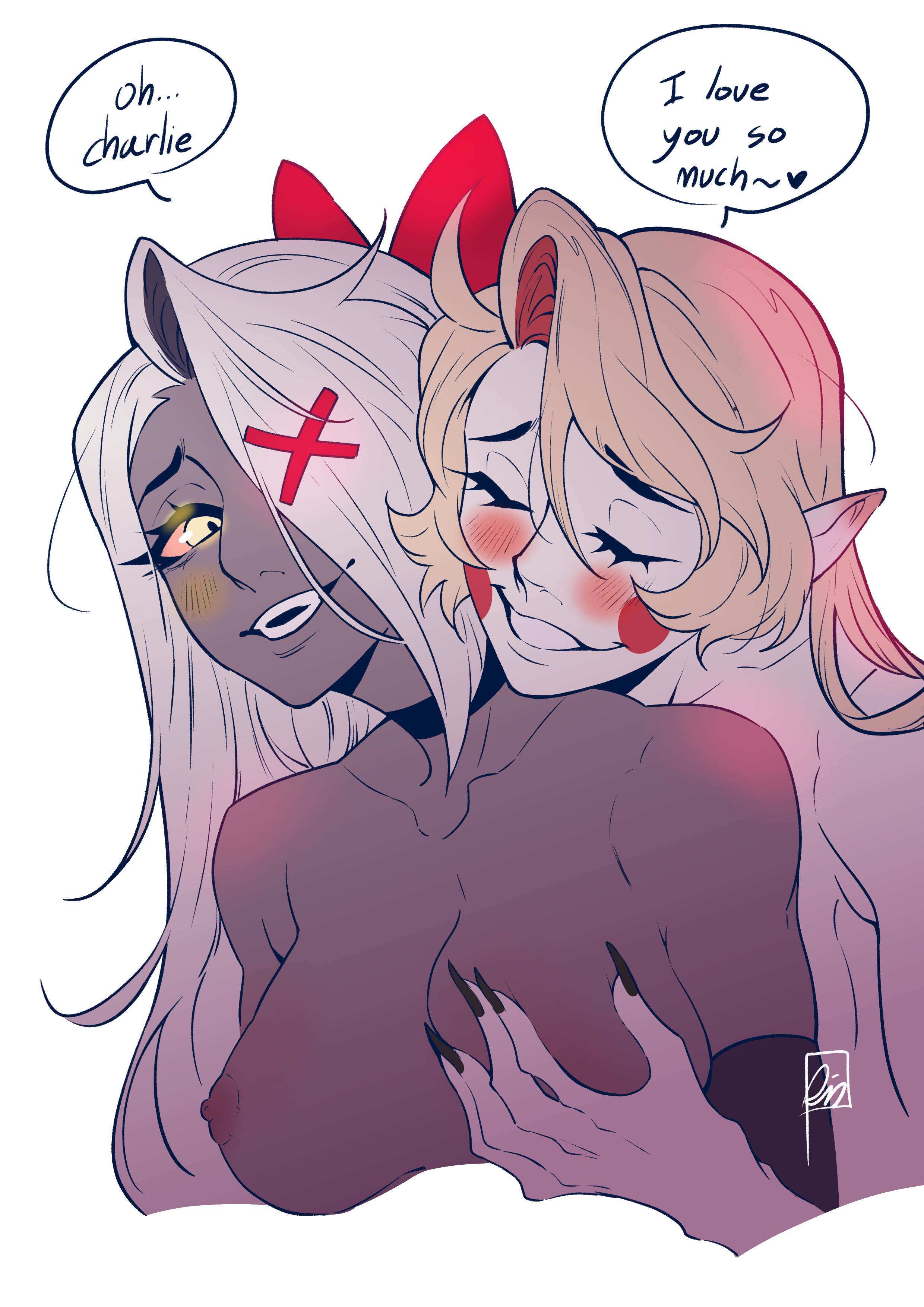 2girls, blonde female, blonde hair, blush, breast grab, breast squeeze, breasts, canon couple, charlie morningstar (hazbin hotel), closed eyes, dialogue, female, female only, female/female, hair, hazbin hotel, lesbian couple, multiple girls, nipples, nude, nude female, open mouth, open smile, raccoon 404, simple background, smile, speech bubble, teeth, vaggie (hazbin hotel), white hair, white-haired female, yuri