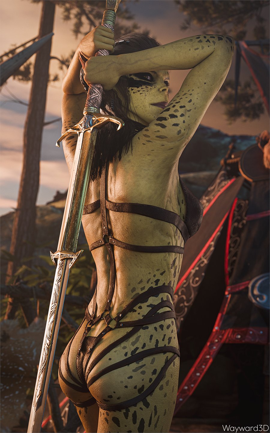 1girls, 3d, ass, baldur's gate, baldur's gate 3, female, female only, githyanki, green skin, lae'zel, looking at viewer, looking back, solo, solo female, sword, underwear, waywardsfm