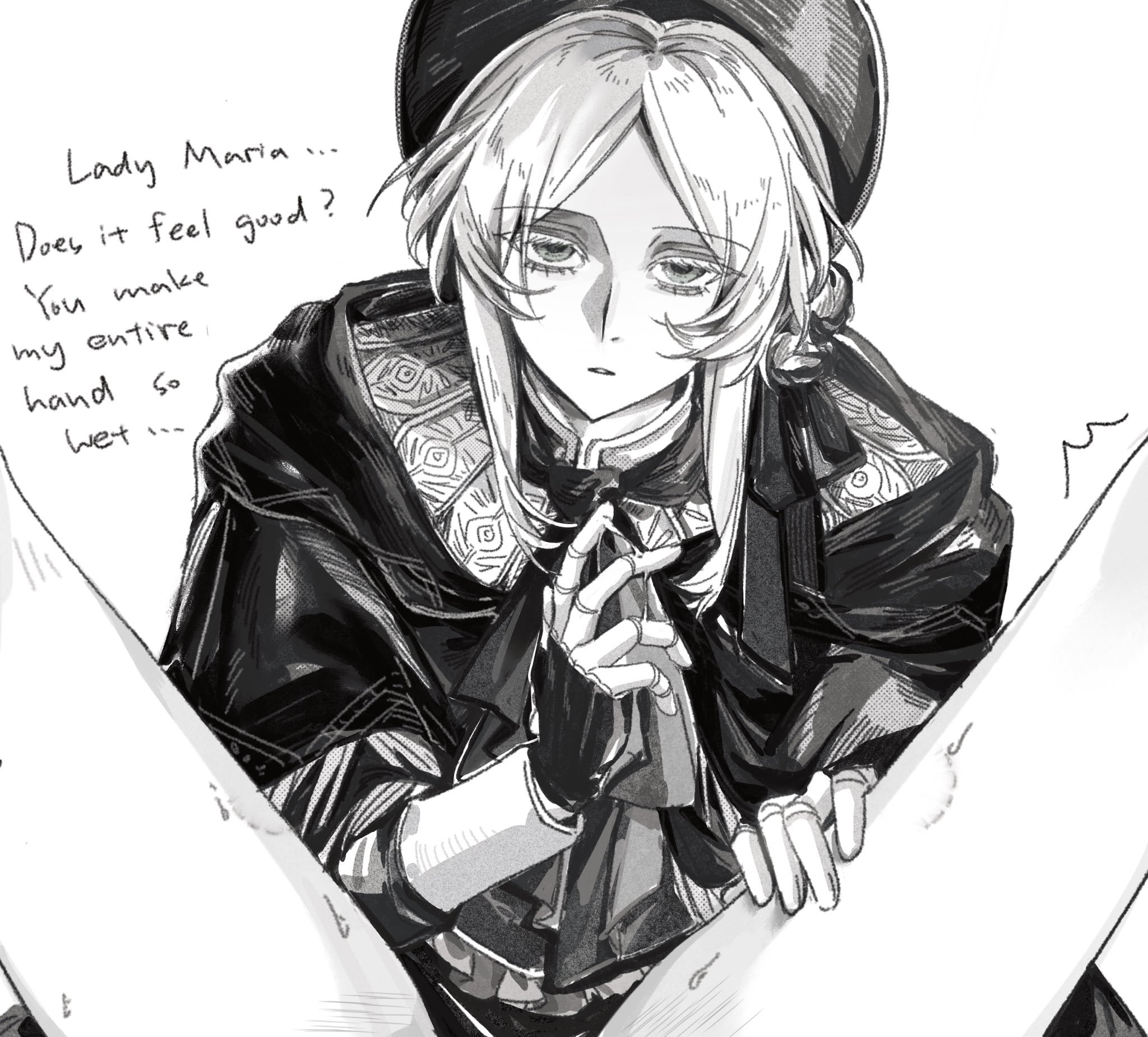 2d, 2girls, bloodborne, bonnet, clone, clothed, clothes, clothing, cum, cum on fingers, cum on hand, doll, dominant female, dress, female, female focus, female only, female penetrated, female pov, fingering, fromsoftware, implied penetration, implied sex, lady maria of the astral clocktower, lolita fashion, long hair, no pants, plain doll, selfcest, shawl, submissive female, thighs, trembling, trembling for pleasure, vaginal, vaginal fingering, vaginal penetration, vaginal sex, victorian, white hair, yuri