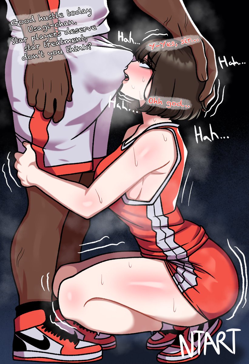 basketball uniform, dark skin, dark-skinned male, english dialogue, english text, erection, erection under clothes, female, hand on head, hugging legs, imminent oral, imminent sex, interracial, male, naughty taboos, oc, original, original character, penis on face, smelling, smelling penis, sniffing, sniffing penis