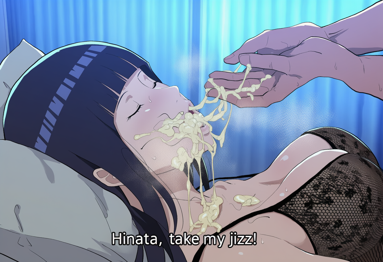 1girl, ai generated, black hair, blush, breasts, bustybunz, closed eyes, commentary request, cum, cum drip, cum eating, cum feeding, cum in mouth, cum on body, cum on breasts, cum on face, cum on hands, cum string, disembodied hands, eating cum, feeding cum, fishnets, forehead protector, gokkun, hinata hyuga, huge breasts, hyuuga hinata, long hair, lying on back, naruto, nipples, on back, open mouth, pillow, speech bubble, stray pubic hair, sweat, tagme, tongue, tongue out