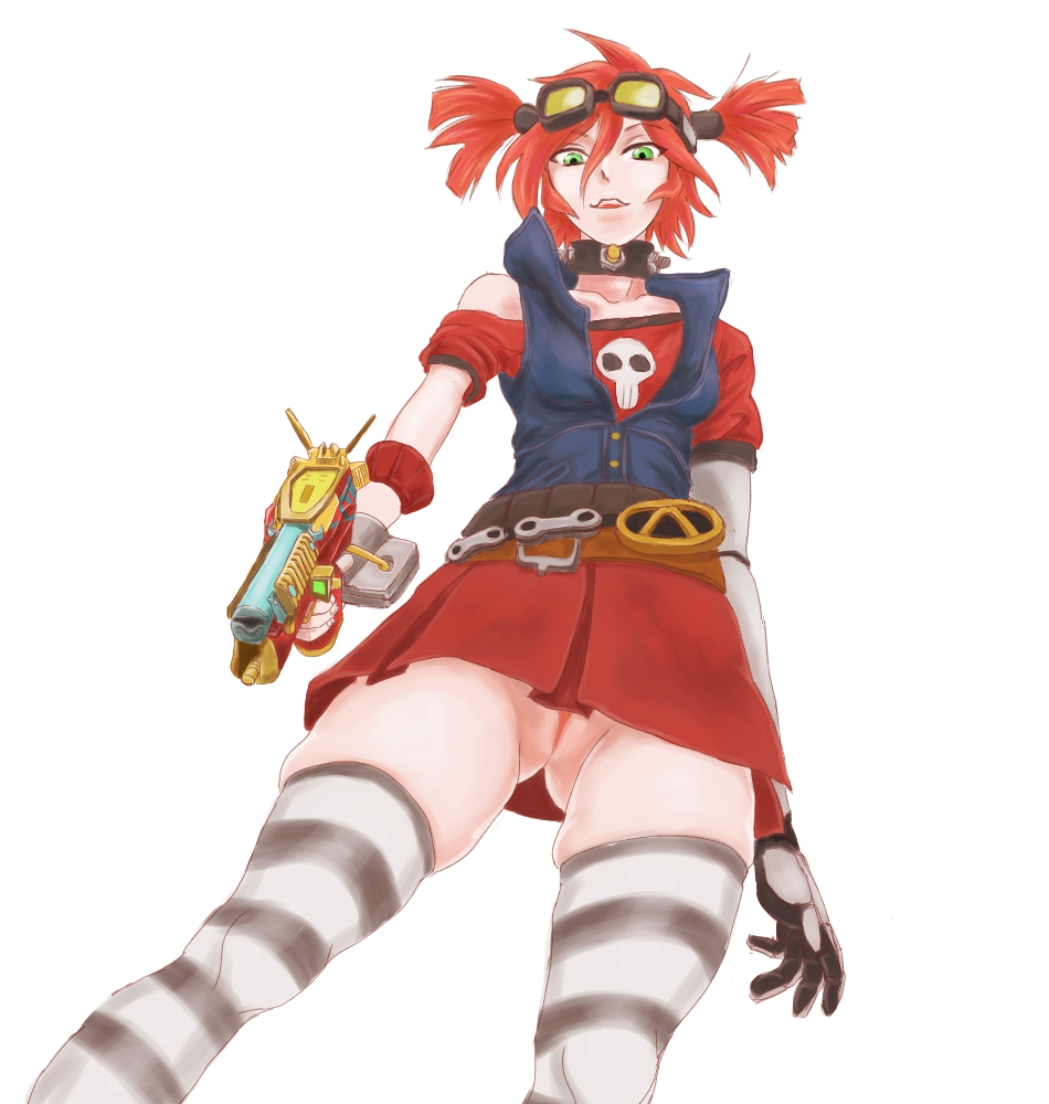 1girls, 2d, bandage, bandage on face, borderlands, borderlands 2, breasts, choker, female, female only, fingerless gloves, gaige (borderlands), gloves, goggles, goggles on head, green eyes, gun, hood, hoodie, jacket, mechanical arm, no artist, prosthesis, prosthetic arm, pussy, red hair, skirt, sleeveless, smile, solo, solo female, striped, striped legwear, striped socks, torn clothes, twintails, upskirt, weapon