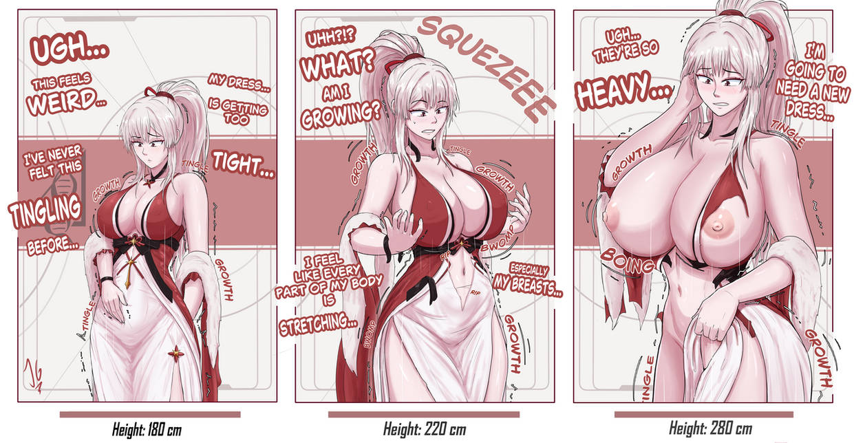 1female, 1girls, 2d, 2d (artwork), big breasts, blush, blushing, breast expansion, breasts, breasts out, clothes ripping, commission, giant female, giantess, giantess growth, gigantification, growing, growing out of clothes, growth, growth sequence, height growth, hiyuki (wuthering waves), juliansky, large breasts, macro, macro female, macrophilia, nervous, nipples, red eyes, ripped clothing, sequence, tall female, text, white hair, wuthering waves
