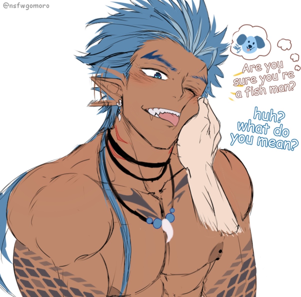 arm tattoo, biceps, blue eyes, blue hair, blush, earrings, elf ears, gomoro, male only, neck tattoo, necklace, nipple piercing, nude, pecs, ponytail, sharp teeth, short hair, shoulders, union max