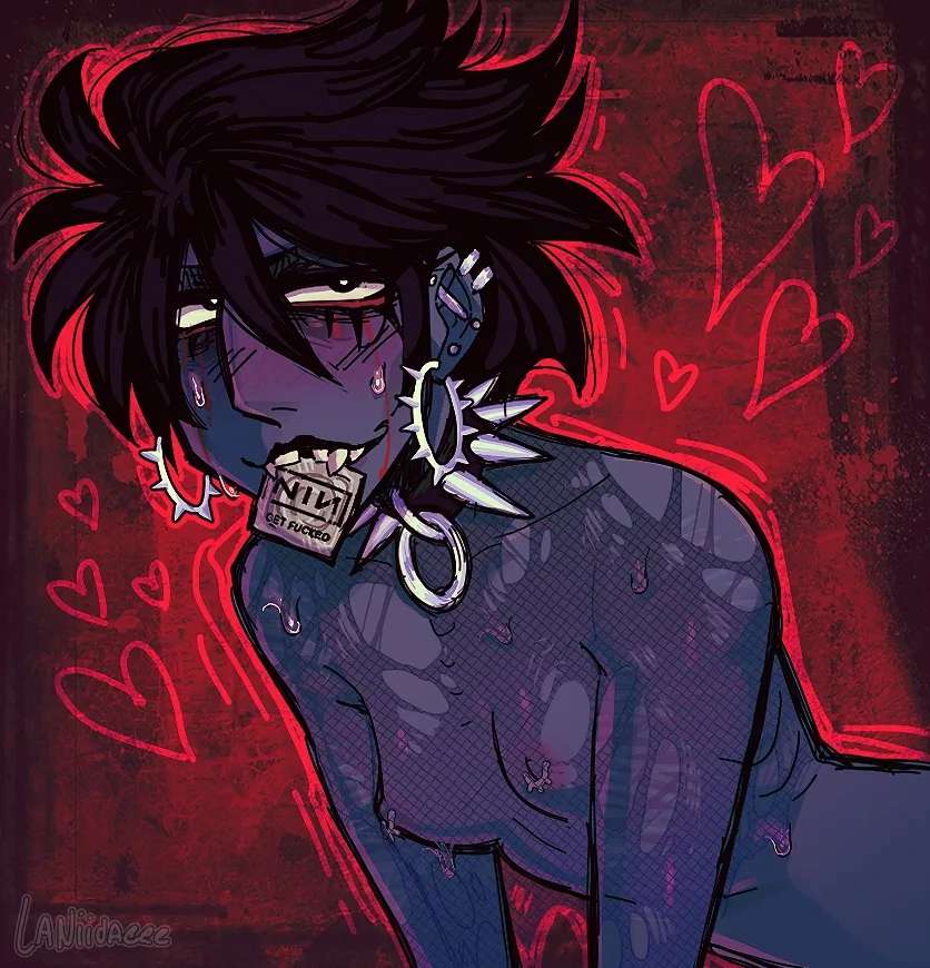 1girls, bedroom eyes, bite, black eyeshadow, black hair, black lipstick, blue skin, blush, blush lines, blushing, blushing at viewer, blushing female, boob squish, boobs, boobs out, breasts, breasts out, choker, condom, condom in mouth, emo, fangs, female, female only, flat chest, flat chested, goth, goth girl, heart, heart symbol, laniidaeee, look outside, looking at viewer, makeup, nine inch nails, outline, pierced ear, pierced ears, pierced nipples, piercing, skinny, skinny female, skinny girl, small breasts, small tits, sweat, sweatdrop, sweating, sweaty, tits, tits out, titties, topless, topless female, watermark, xaria (look outside)