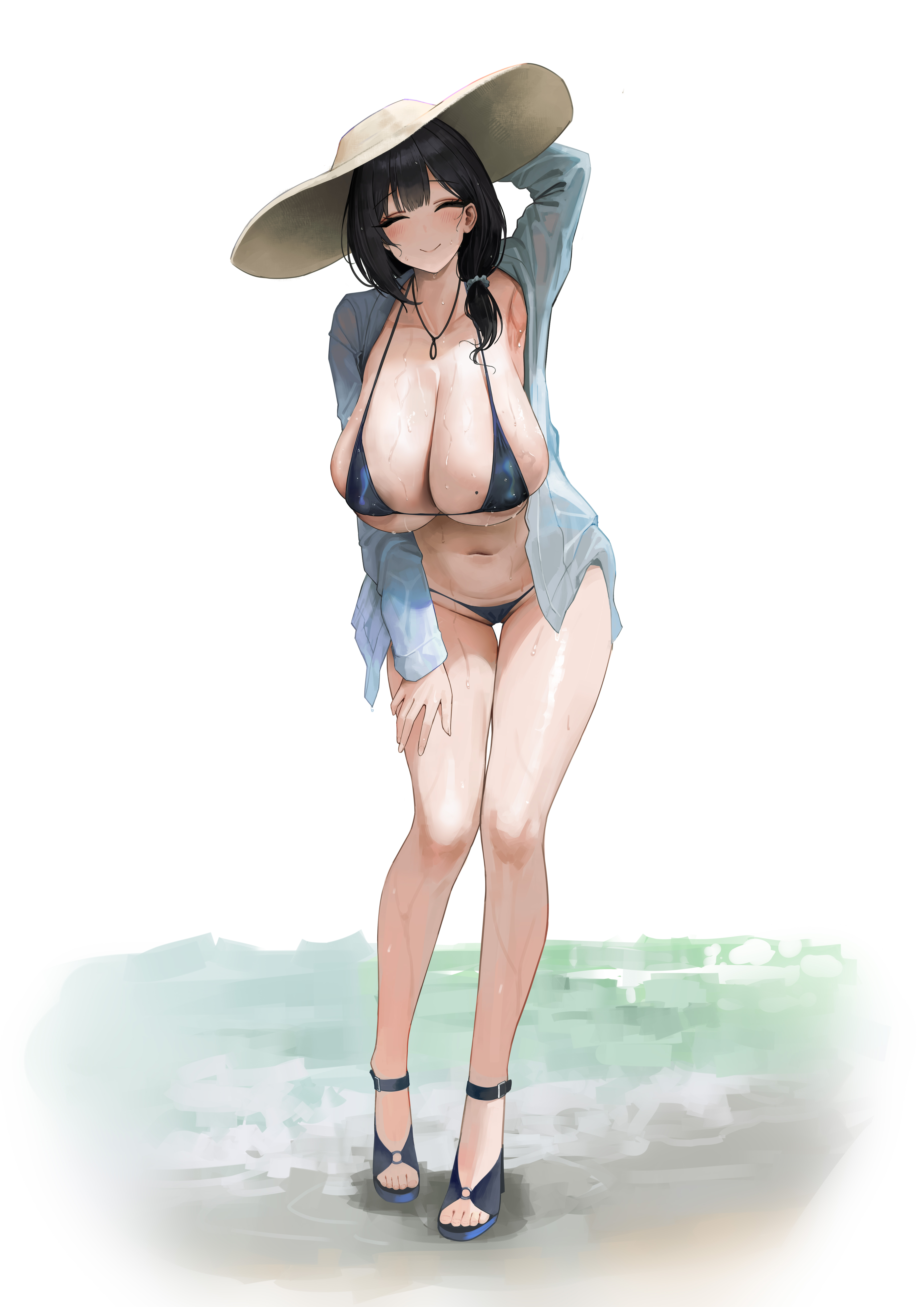 1girls, absurdres, areola slip, arm behind head, arm up, bikini, black bikini, black hair, black sandals, blue archive, blush, breasts, closed eyes, collarbone, facing viewer, female, female sensei (blue archive), full body, hand on thigh, highres, huge breasts, large hat, mole, mole on breast, navel, open clothes, open shirt, sandals, sensei (blue archive), shirt, smile, solo, standing, swimsuit, thigh gap, wet, wet clothes, wet shirt, white background, xiang cheng (nido)