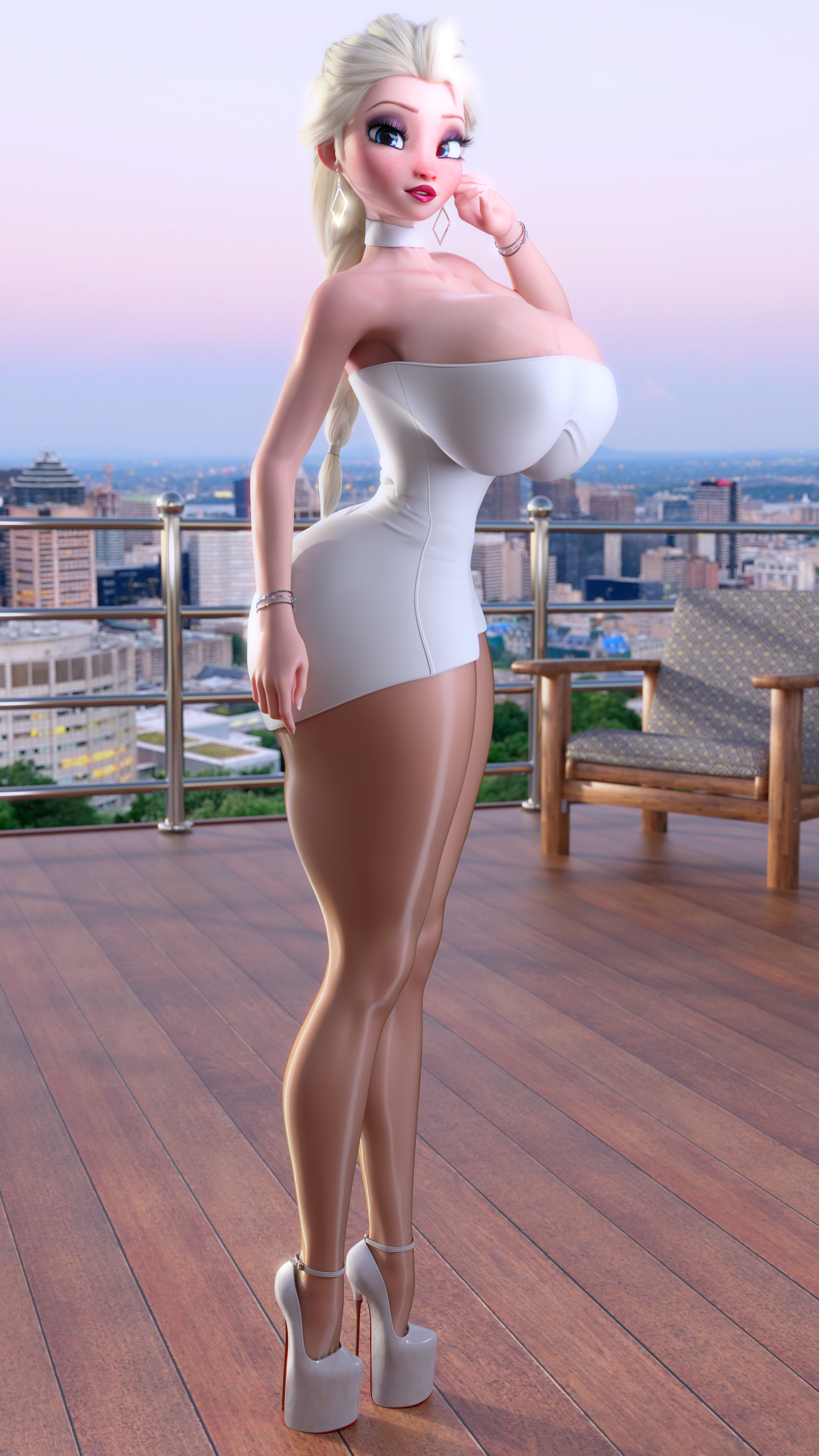 1girls, 3d, big ass, blonde hair, blue eyes, disney, dress, earrings, elsa (frozen), female, female only, frozen (film), high heels, huge breasts, looking at viewer, platform heels, ruidx, side view, solo, thick thighs