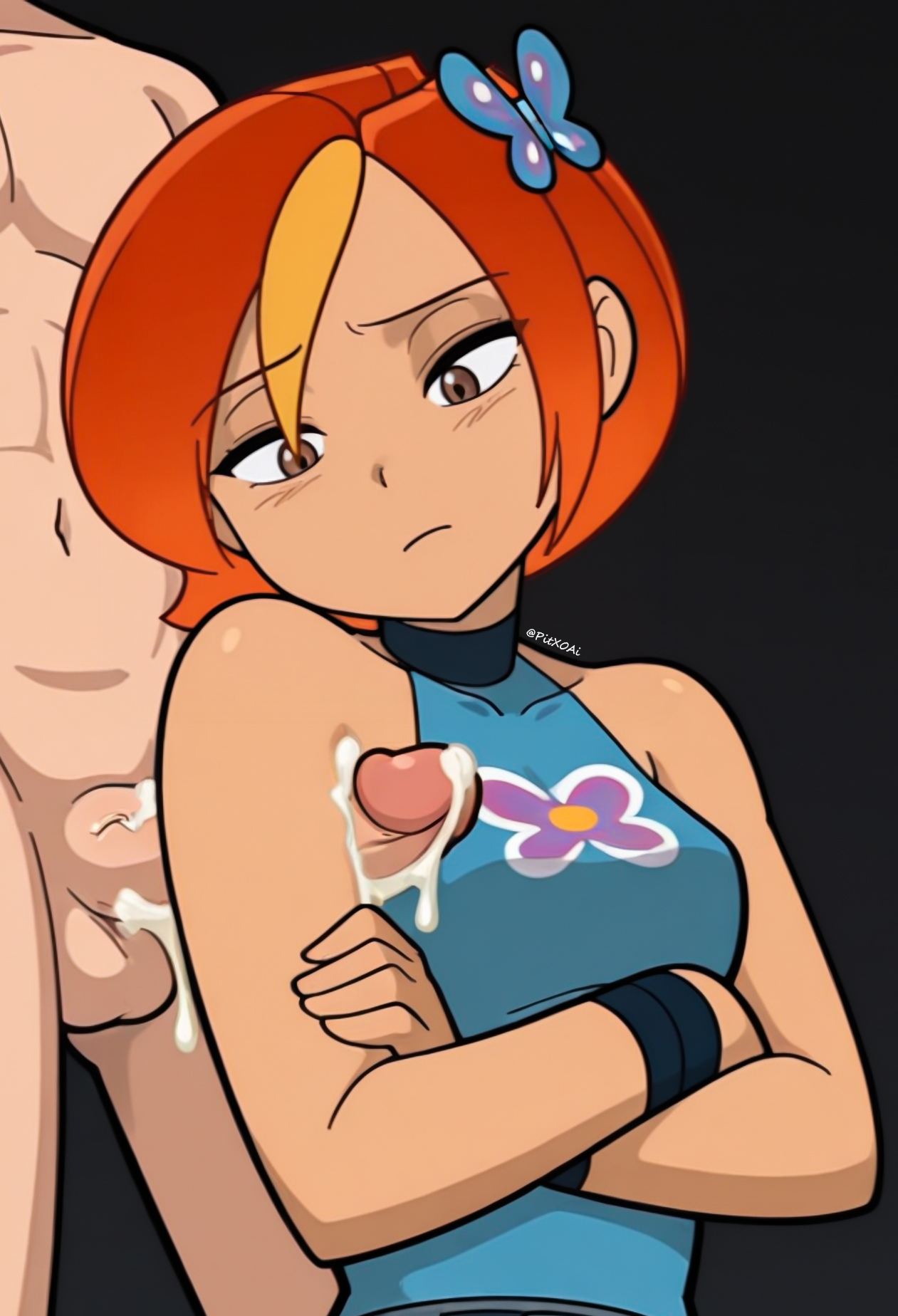 1boy, 1girls, ai generated, armpit fetish, armpit sex, brown eyes, butterfly (planetronika), clothed female nude male, crossed arms, cum, cum on armpit, cum on penis, cumdrip, hair ornament, hi res, looking down, orange hair, partial male, penis, pitxoai, planetronika, short hair, sleeveless, testicles, turtleneck, two-tone hair, watermark