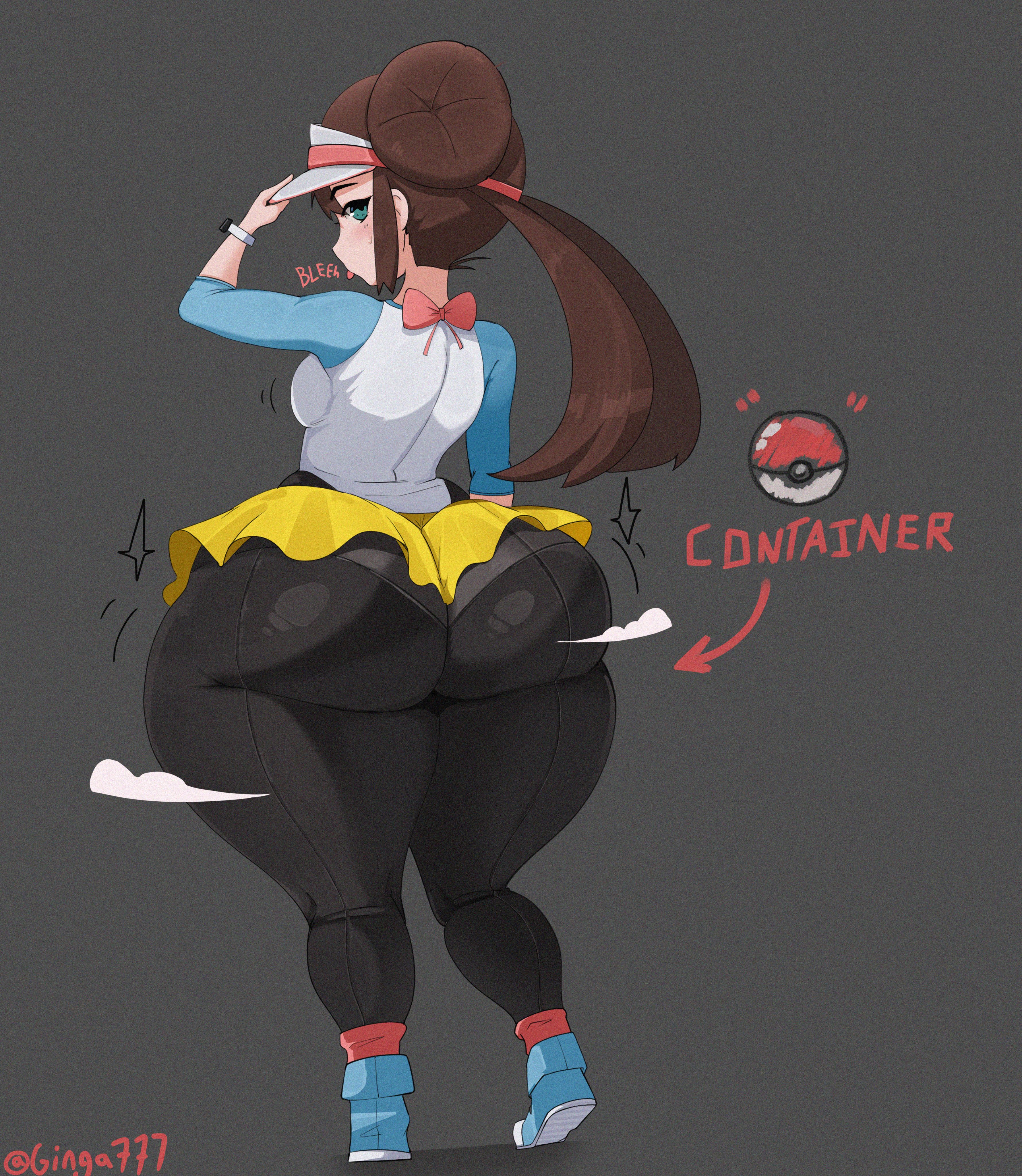 :p, ass, ass focus, big ass, bottom heavy, curvy, english text, evil container, from behind, gigantic ass, ginga777, hand on hat, huge ass, hyper ass, looking back, medium breasts, meme, pokeball, pokemon, pokemon bw2, rosa (pokemon), shoes, sneakers, text, thick thighs, tongue out, voluptuous, wide hips