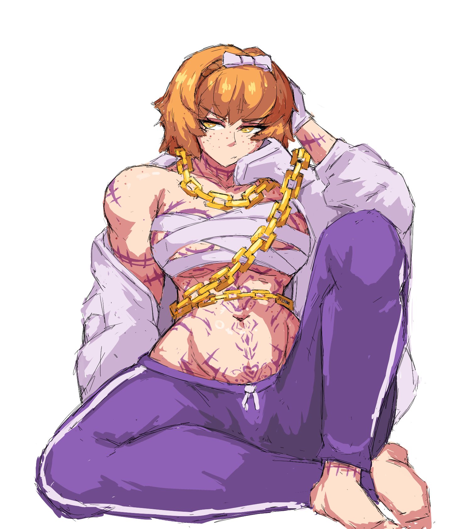 1girls, bandage, bandages, bandages around chest, big breasts, bow, breasts, female, freckles, gold chain, gold chains, ishmael (limbus company), limbus company, littleteze, orange hair, project moon, purple sweatpants, sweatpants, tattoo, tattoos, the middle (identity) (project moon), white bow, yellow eyes