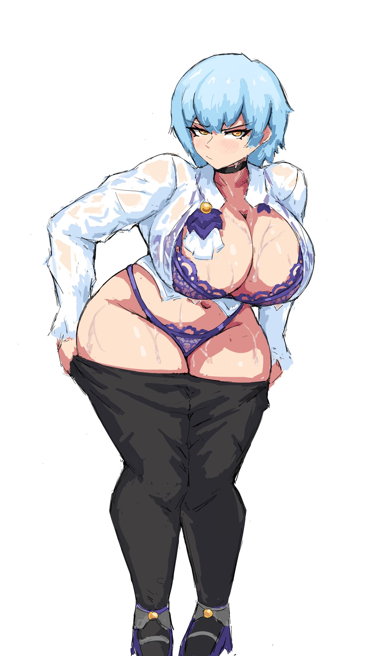 1girls, angela (library of ruina), blue hair, blue lingerie, blush, blush lines, blushing, breasts, female, huge breasts, library of ruina, lingerie, lingerie bra, lingerie panties, littleteze, lobotomy corporation, looking at viewer, project moon, robot, robot girl, sweat, sweating, sweaty body, thighs, yellow eyes