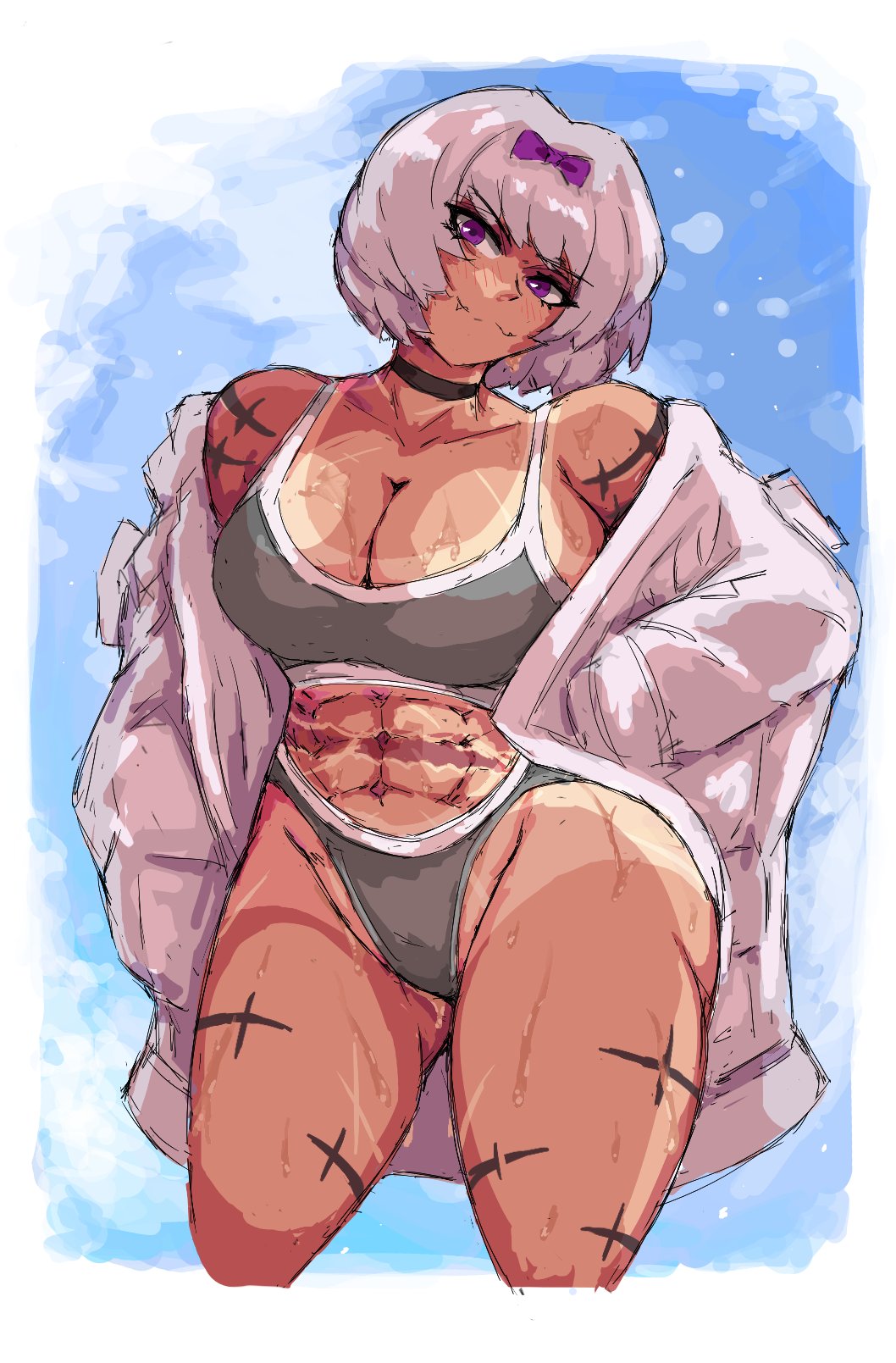 abs, big breasts, bow, breasts, choker, fang, kira (limbus company), limbus company, littleteze, muscles, muscular, muscular female, project moon, purple bow, purple eyes, scar, scars, sharp tooth, six pack, tan body, tan skin, tanned, tanned female, tanned skin, tattoo, tattoos, white hair