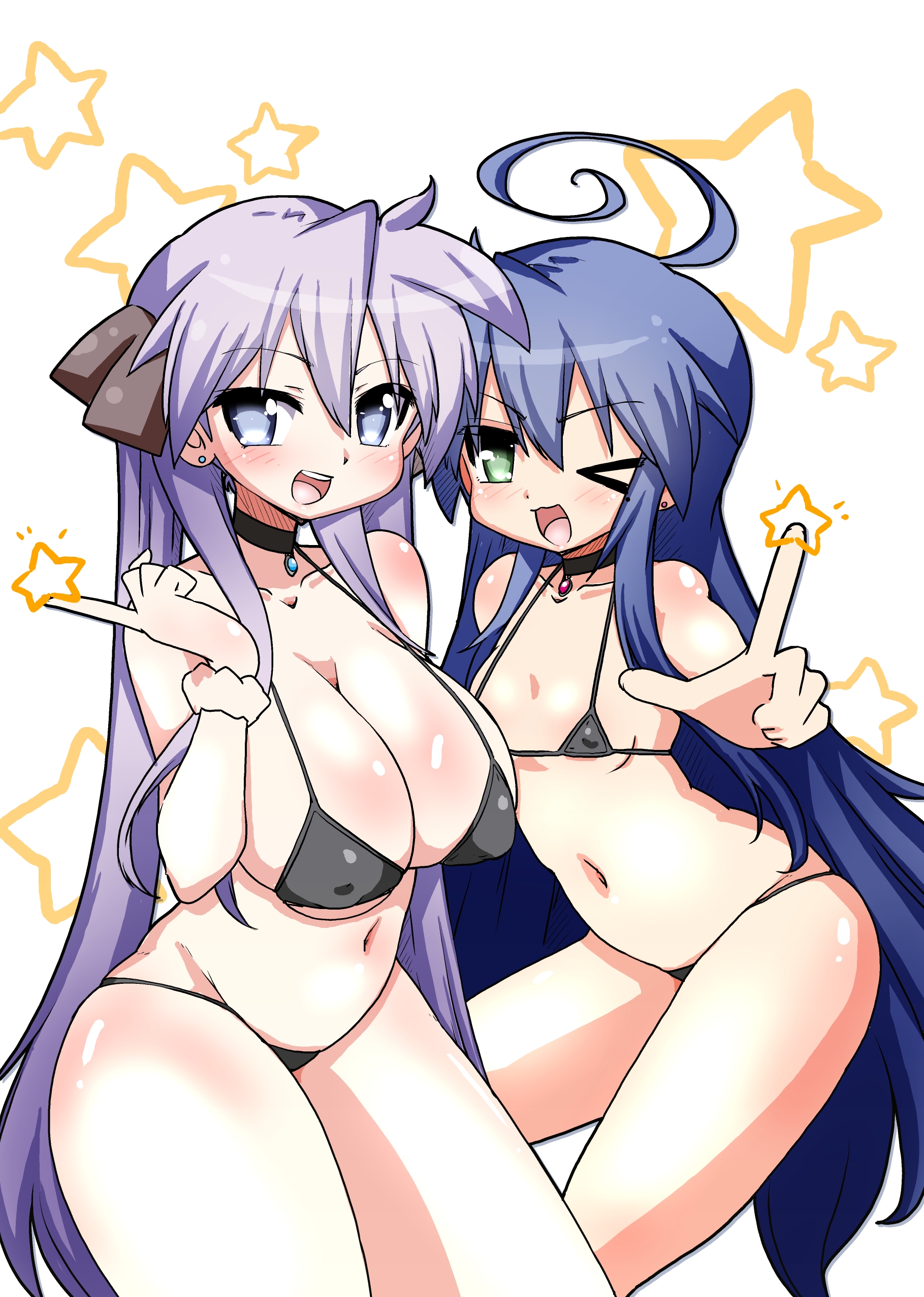 2girls, artist request, blue hair, breasts, kagami hiiragi, konata izumi, lucky star, tagme, underwear