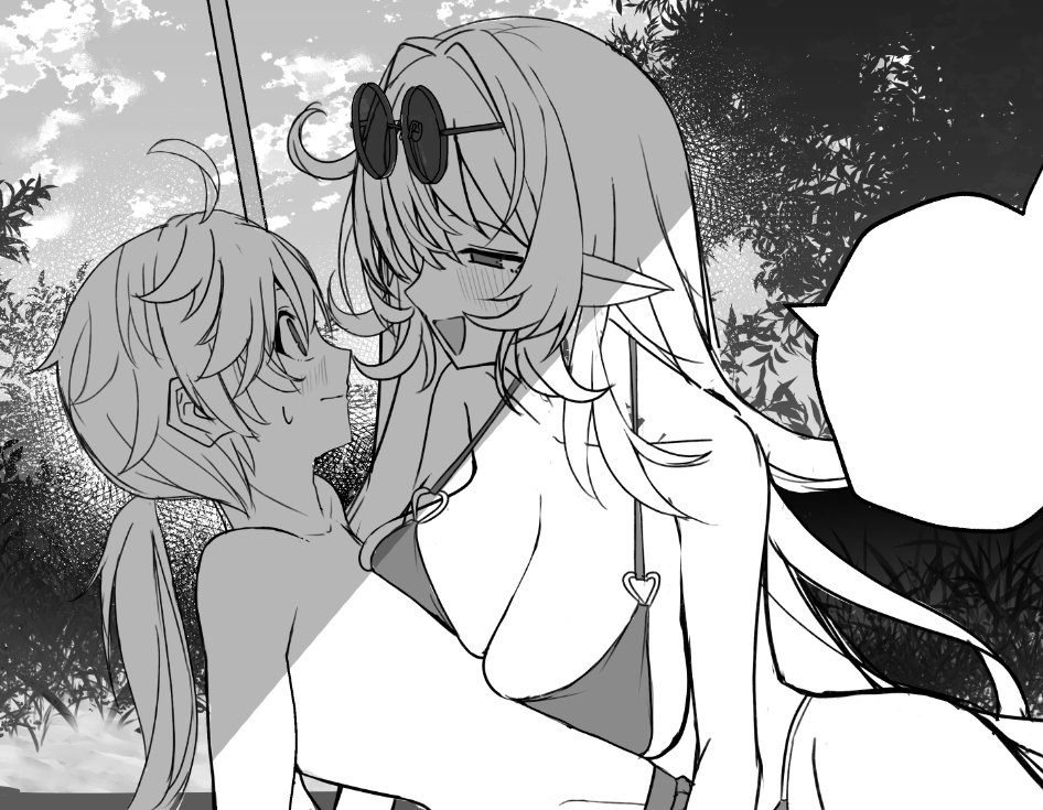 1boy1girl, aether (genshin impact), alice (genshin impact), bikini, breasts, dominant female, elf ears, flirty, genshin impact, greyscale, highres, hoyoverse, looking at another, nature, outside, pointy ears, shy, size difference, thesecond