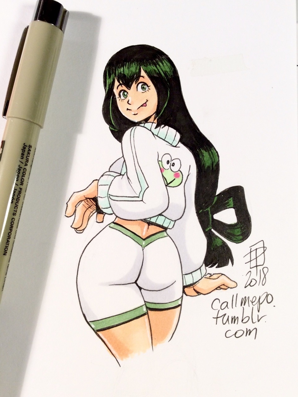1girls, 2018, back view, bike shorts, callmepo, color, colored, female, female only, looking back, my hero academia, solo, tsuyu asui