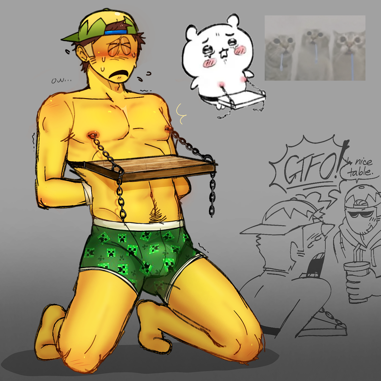 67qudurrr, block tales, bulge, chains, finn mccool (block tales), gay, megaphone man (block tales), meme in the background, nipple piercing, nipples, only male, peircings, roblox, roblox game, robloxian, self upload, sunglasses, whimpering, yellow skin