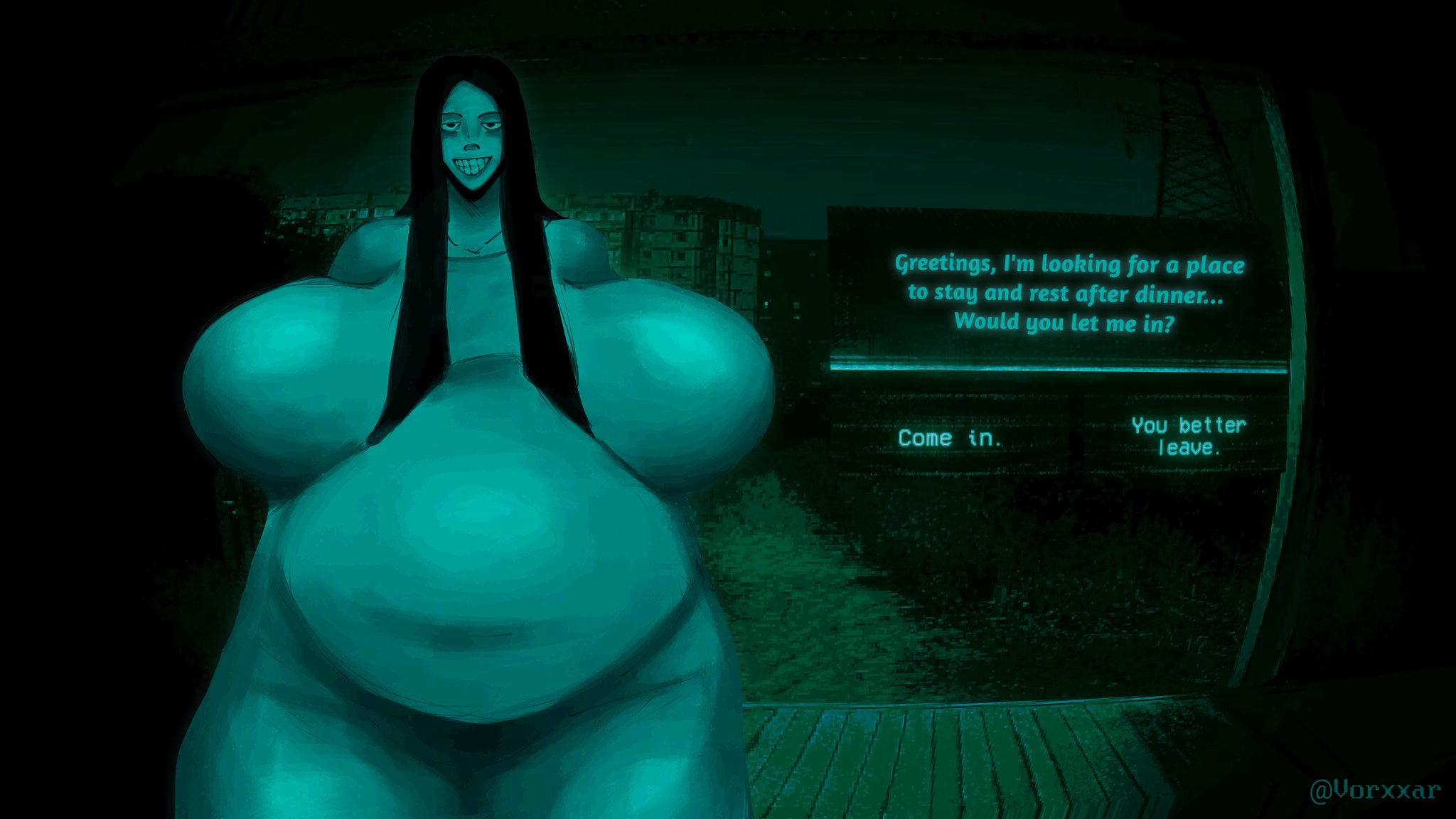 belly overhang, big breasts, black hair, breasts, chubby, chubby female, creepy, creepy eyes, creepy face, creepy smile, english text, female, gigantic breasts, huge belly, huge breasts, hyper ass, hyper belly, hyper breasts, imminent vore, large breasts, morbidly obese, morbidly obese female, night sky, nightmare waifu, no, i'm not a human, obese, overweight, overweight female, skin tight, skin tight outfit, thick thighs