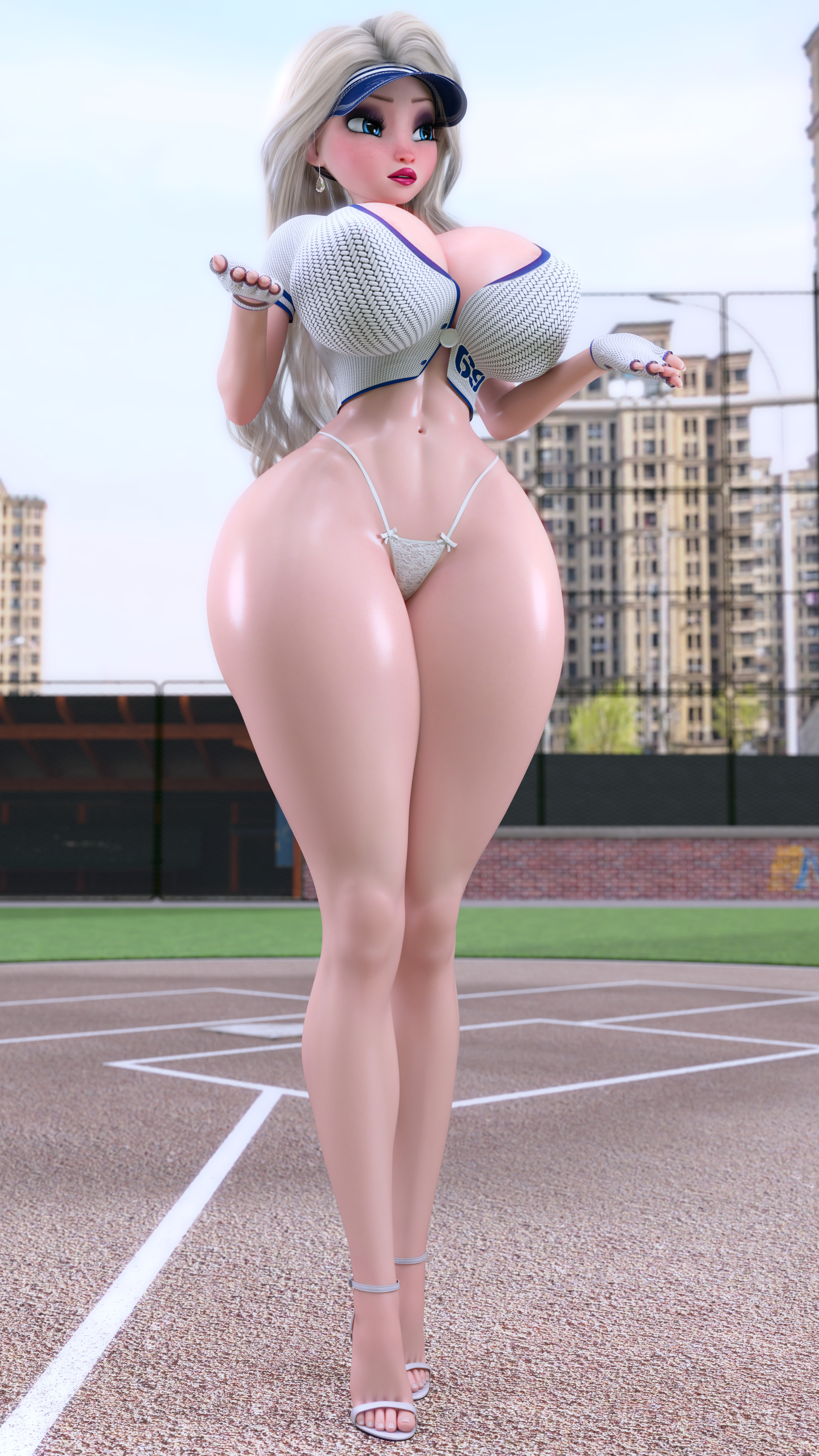 1girls, 3d, baseball cap, baseball field, baseball uniform, blonde hair, blue eyes, disney, elsa (frozen), female, female only, frozen (film), high heels, huge breasts, panties, ruidx, shrugging, solo, thick thighs, thong, wide hips