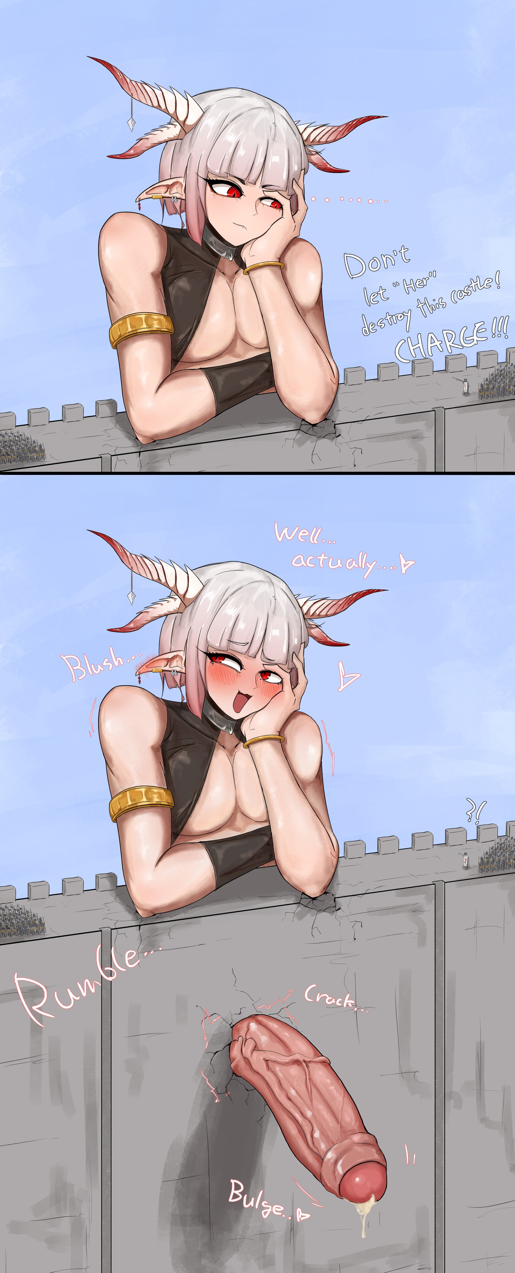 1boy, big penis, blush, english text, femboy, gbgtgm, giant, giant femboy, giant male, horns, huge cock, light skin, light-skinned male, macro, male, male focus, penis, precum, red eyes, size difference, text, trap