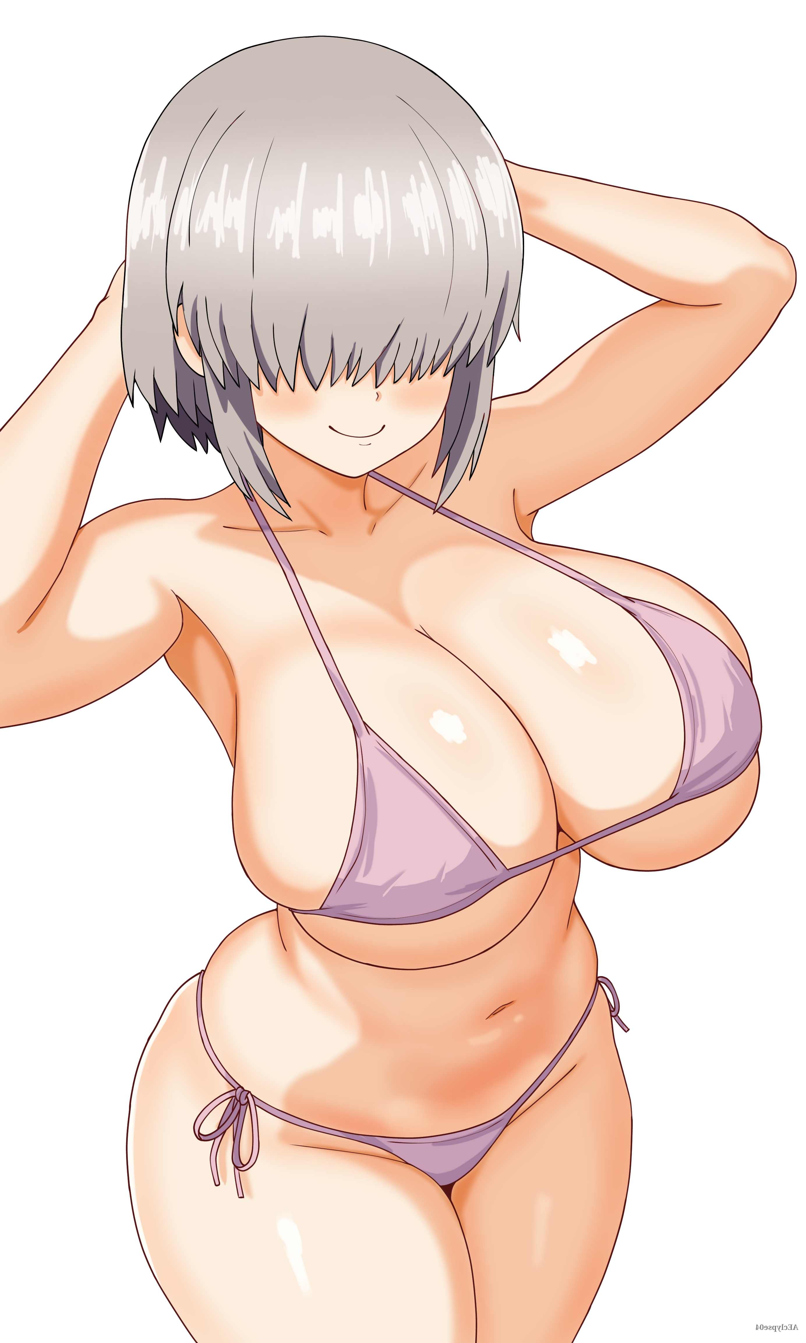 armpits, arms behind head, bikini, blush, closed mouth, curvy, eclypse, hair covering eyes, hair over eyes, huge breasts, smile, thick thighs, uzaki yanagi, uzaki-chan wa asobitai!, voluptuous, wide hips
