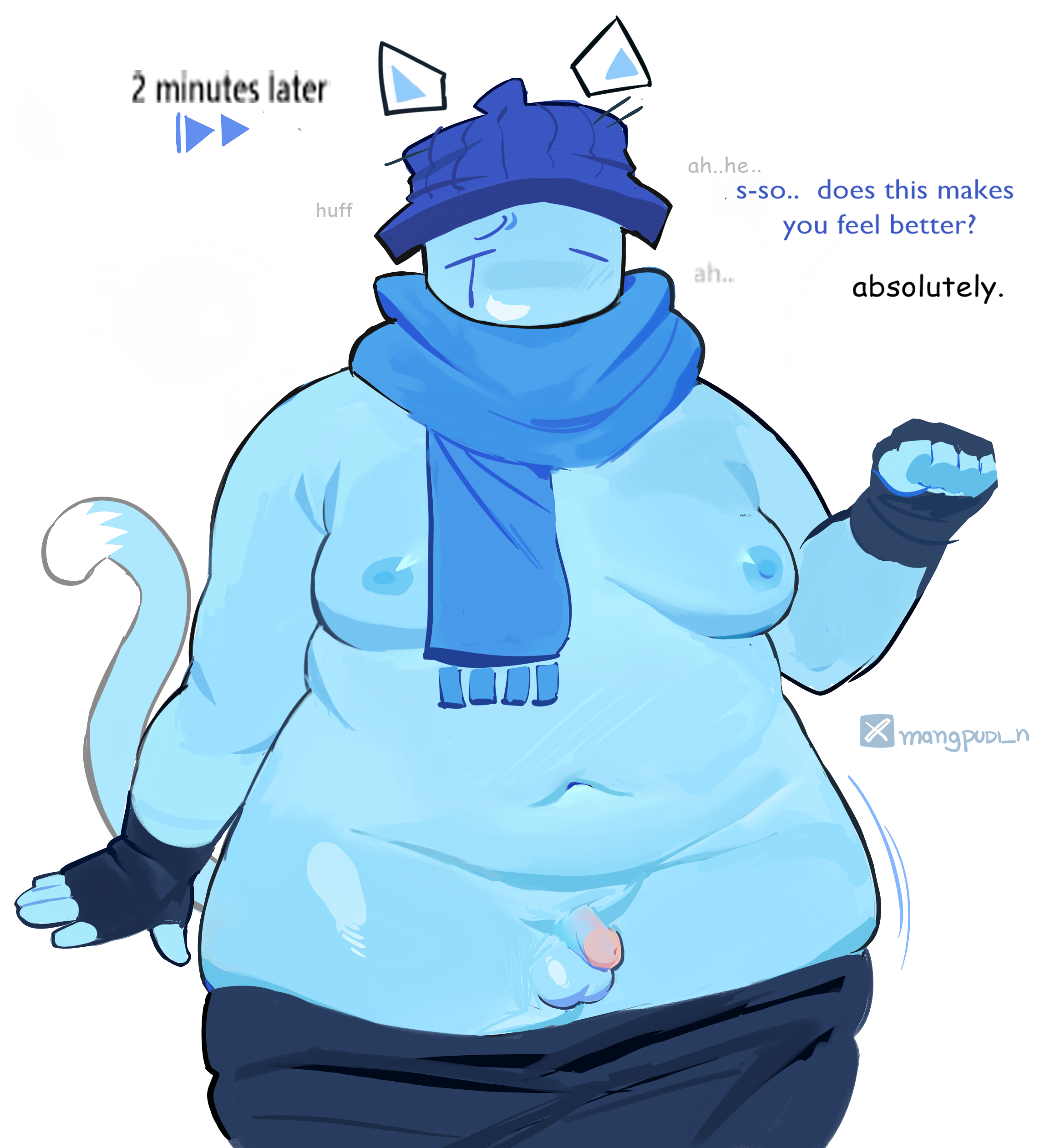 1boy, 1male, big ass, big breasts, big thighs, blue body, blue skin, blush, blushing, cat ears, cat tail, chubby, chubby femboy, chubby male, clothes removed, cube (jsab), dialogue, elliot (forsaken), forsaken (roblox), friend (forsaken), gloves, half, just shapes and beats, male only, male with breasts, mangopurin, micropenis, naked, nervous, nervous smile, nipples out, pants around thighs, pants down, puffy nipples, roblox, roblox game, robloxian, scarf, scarf only, self upload, shiny skin, shiny thighs, small penis, solo, solo focus, solo male, sweat, sweatdrop, sweating, text, thick thighs, thighs together, twitter username, voluptuous, wide hips