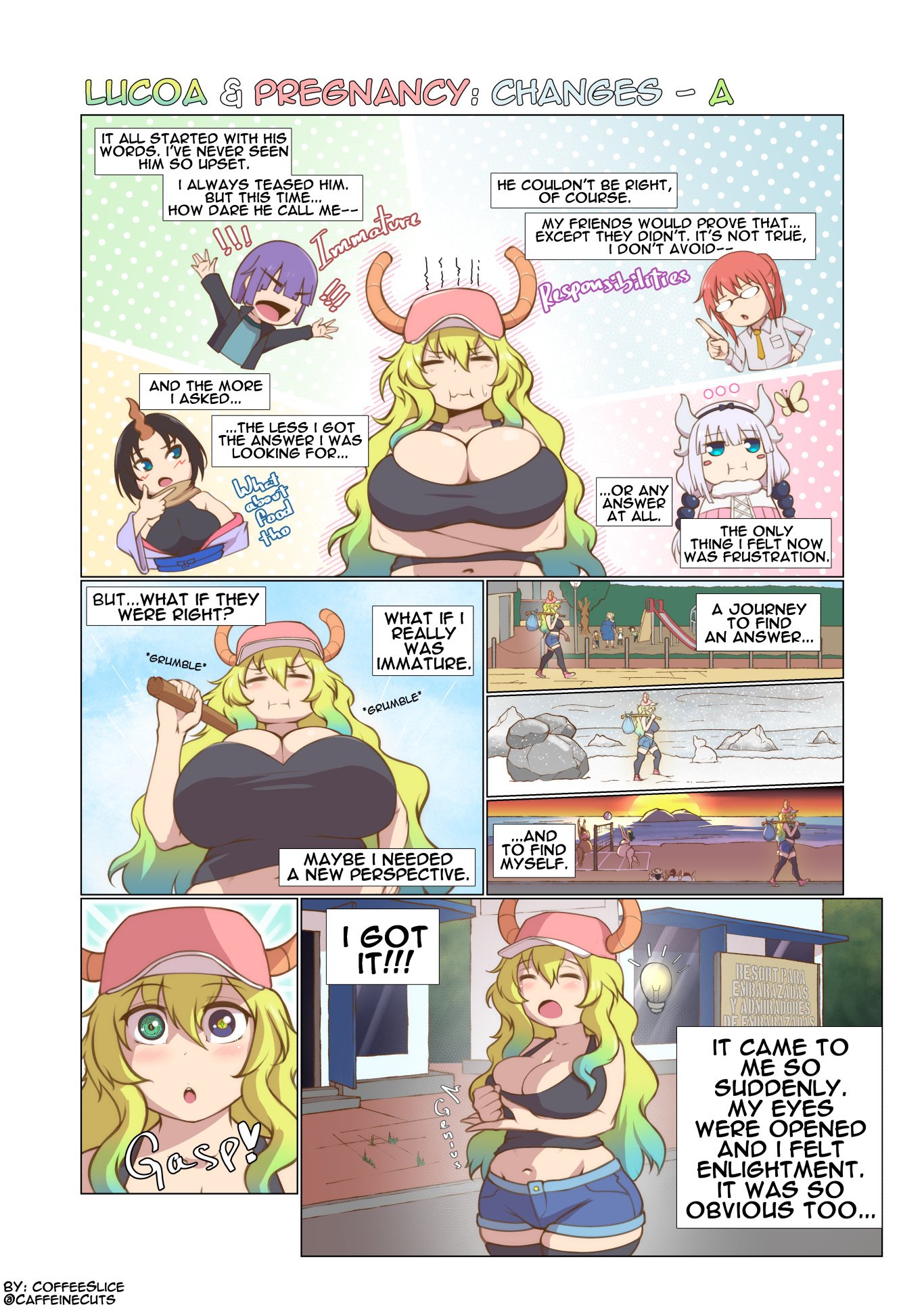 1girls, arm up, big breasts, bikini, blonde hair, breasts, chubby, chubby female, coffeeslice, curvy, elma (dragon maid), english text, female, female focus, from below, gigantic breasts, gluteal fold, green hair, horns, huge breasts, imminent pregnancy, kobayashi, kobayashi-san chi no maidragon, large breasts, long hair, looking at viewer, lucoa, magatsuchi shouta, miss kobayashi's dragon maid, multicolored hair, navel, one eye closed, plump, quetzalcoatl (dragon maid), skindentation, solo, speech bubble, thick thighs, thighs, tohru (dragon maid), two-tone hair, v, yellow eyes