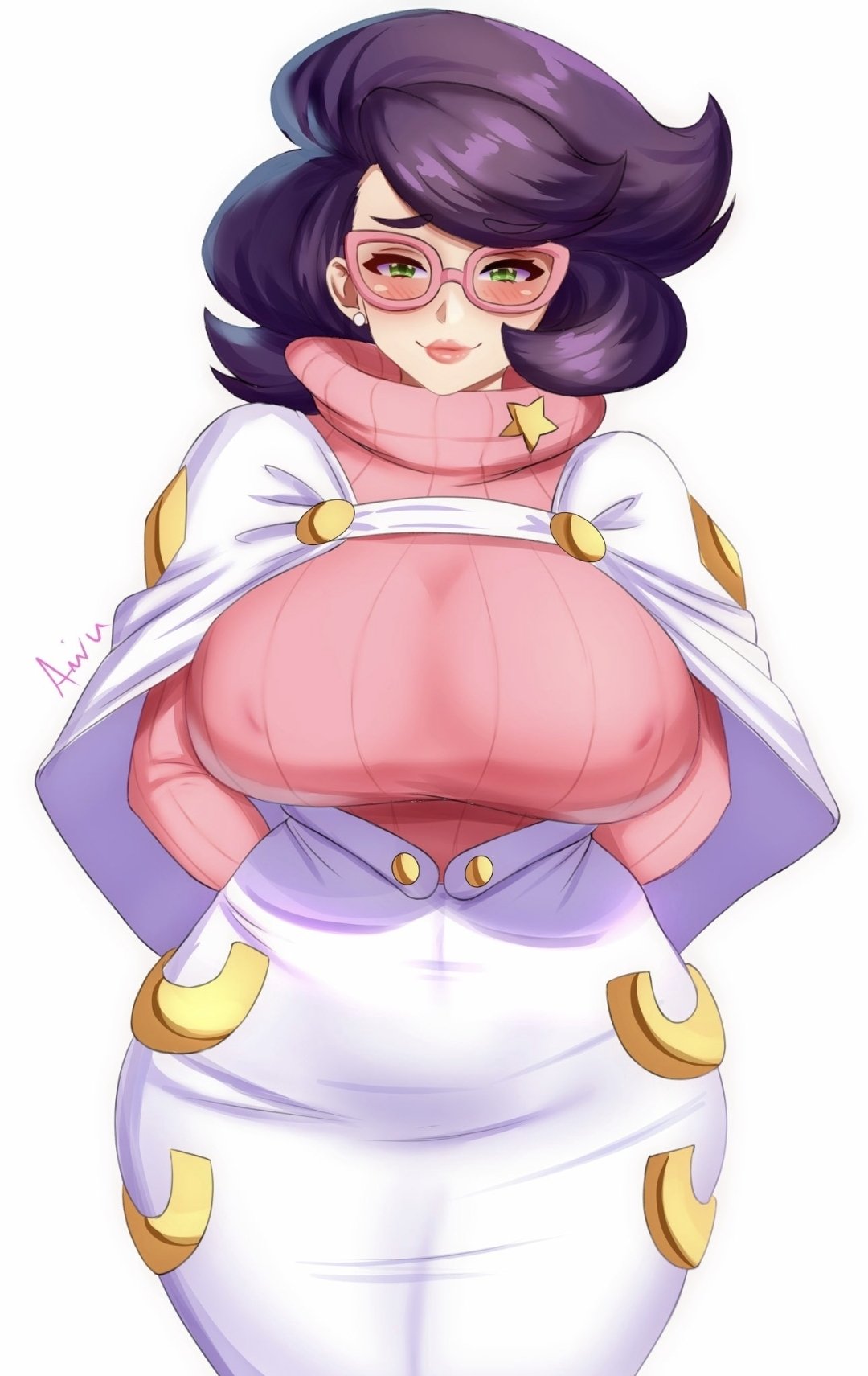 1girls, anisdrawn, breasts, female, female focus, female only, large breasts, light skin, light-skinned female, looking at viewer, nintendo, pokemon, solo, thick thighs, thighs, wicke (pokemon), wide hips