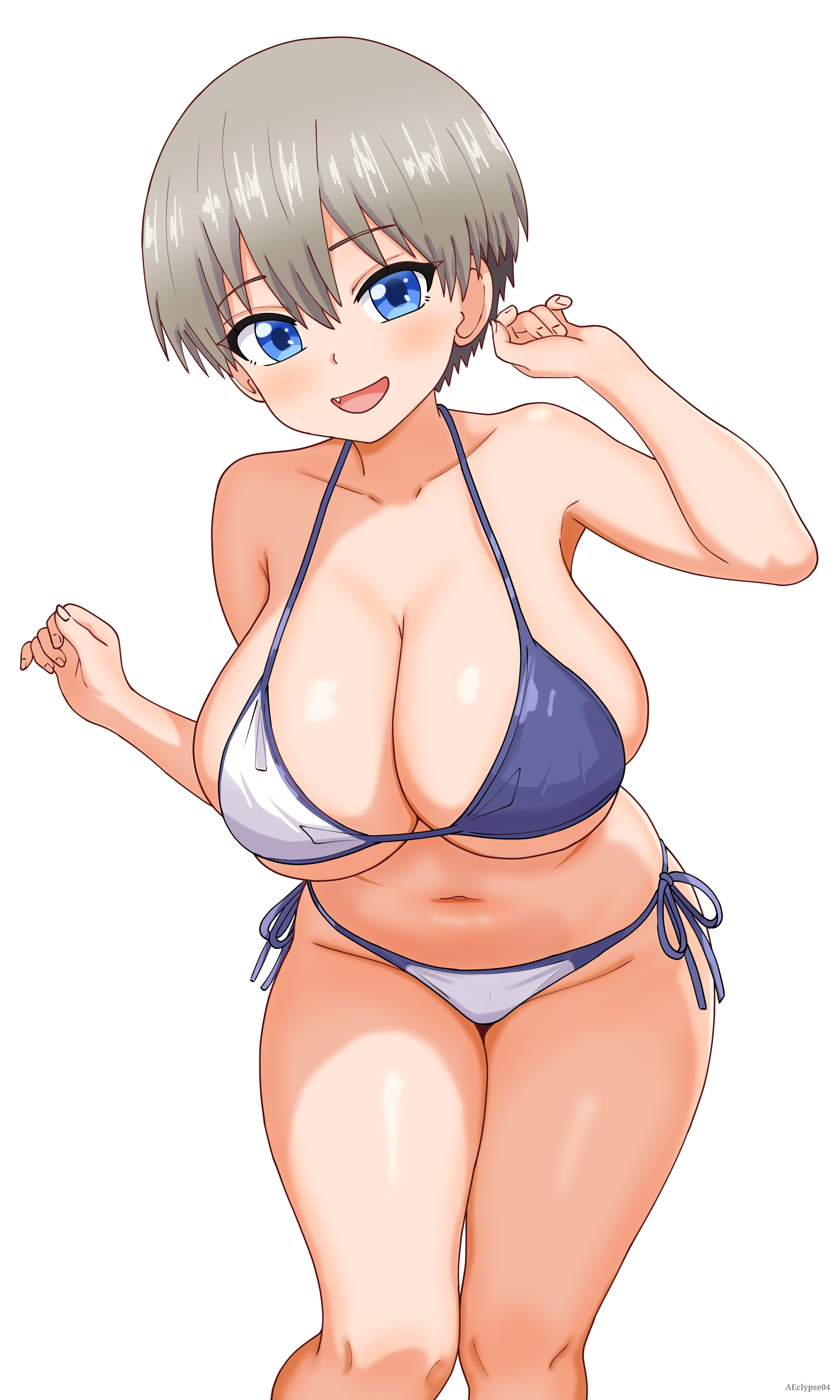 arms up, bikini, blush, curvy, eclypse, fang, huge breasts, looking at viewer, open mouth, smile, thick thighs, uzaki hana, uzaki-chan wa asobitai!, voluptuous, wide hips