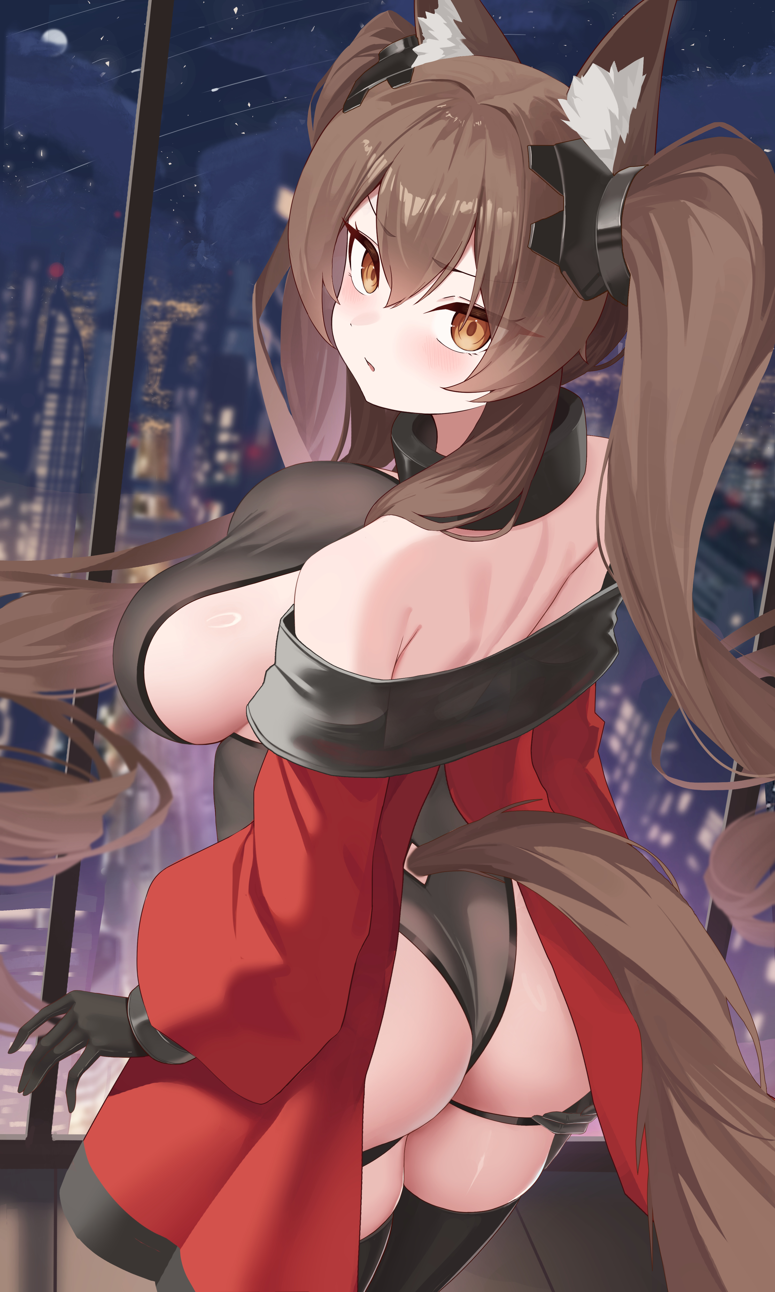 1girls, arknights, arknights: endfield, ass, ass grab, back, bare shoulders, breasts, brown eyes, brown hair, female, female focus, female only, gilberta (arknights: endfield), gloves, jixo (user nzhc8728), large breasts, leotard, long hair, looking at viewer, open mouth, thighhighs, thighs, tight clothing