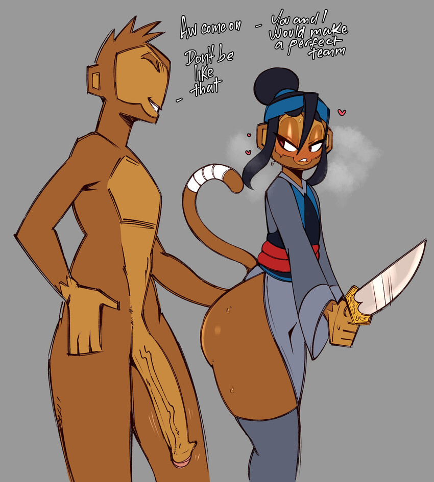 1boy, 1girls, about to pound the fuck outta em, bloons tower defense, dart monkey, dialogue, female, imminent sex, knife, male, primate, saltyxodium, sauda (bloons), straight, tagme