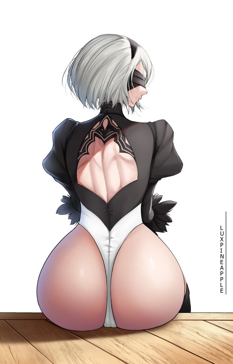 1girls, 2024, 2d, 2d (artwork), artist name, ass, back, back view, behind, behind view, big ass, big butt, black blindfold, blindfold, butt, clothed, clothing, color, colored, digital media (artwork), female, female only, hair, hi res, light skin, light-skinned female, luxpineapple, medium hair, nier, nier: automata, partially clothed, simple background, sitting, solo, viewed from behind, white background, white hair, yorha 2b