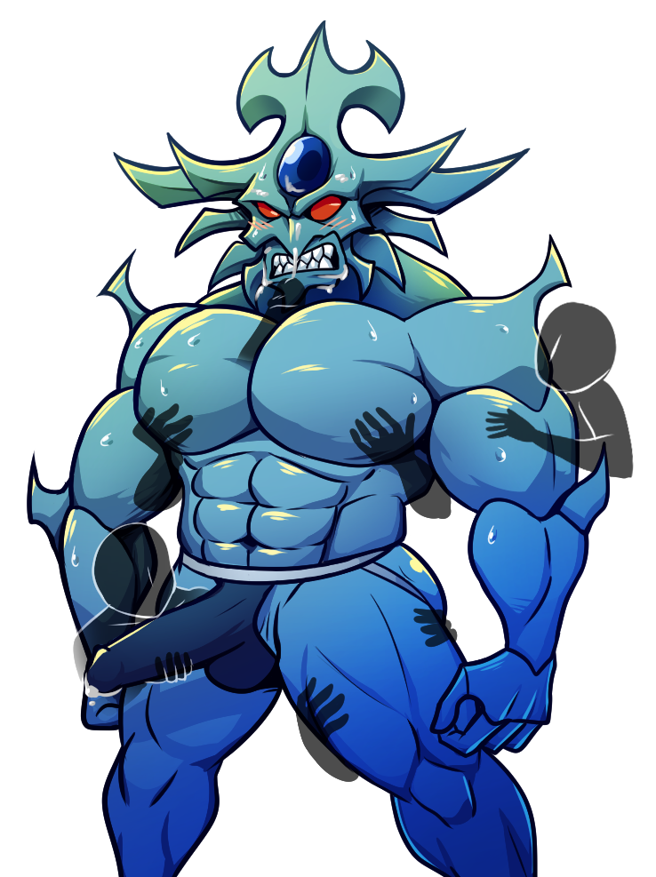 abs biceps blush bulge clenched_teeth clothing cum cum_on_face disembodied_penis dripping elfein erection erection_under_clothes fondling male male_focus male_only monster muscular obelisk_the_tormentor pecs penis red_eyes solo sweat teeth yu-gi-oh!