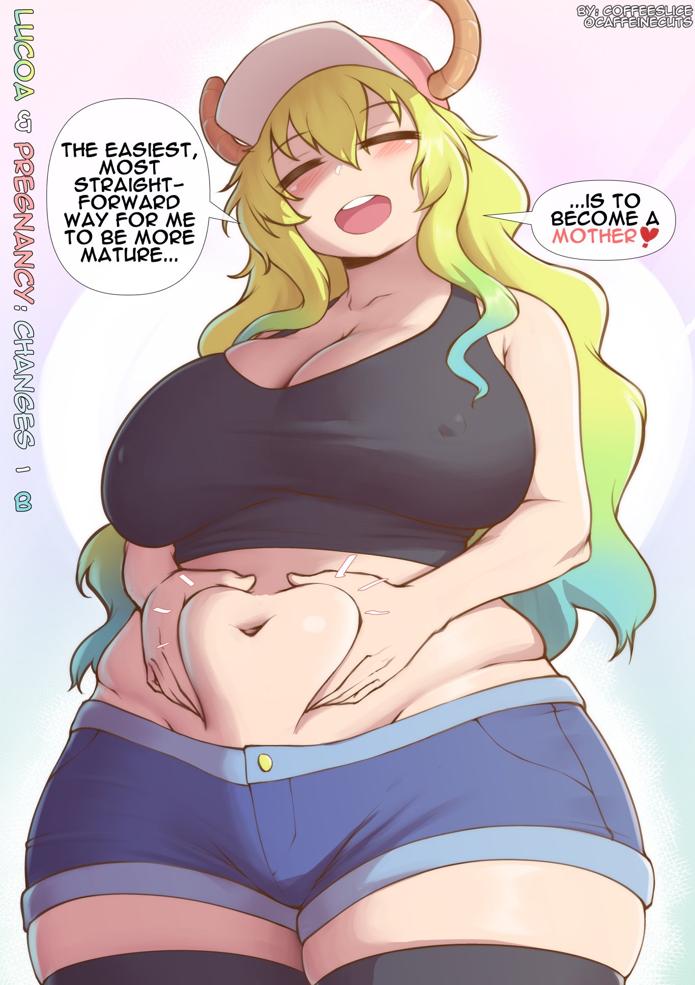1girls, big breasts, blonde hair, breasts, chubby, chubby female, coffeeslice, curvy, english text, female, female focus, from below, gigantic breasts, gluteal fold, grabbing belly, green hair, horns, huge breasts, imminent pregnancy, kobayashi-san chi no maidragon, large breasts, long hair, lucoa, miss kobayashi's dragon maid, multicolored hair, navel, one eye closed, plump, quetzalcoatl (dragon maid), skindentation, solo, speech bubble, thick thighs, thighs, two-tone hair, v, yellow eyes