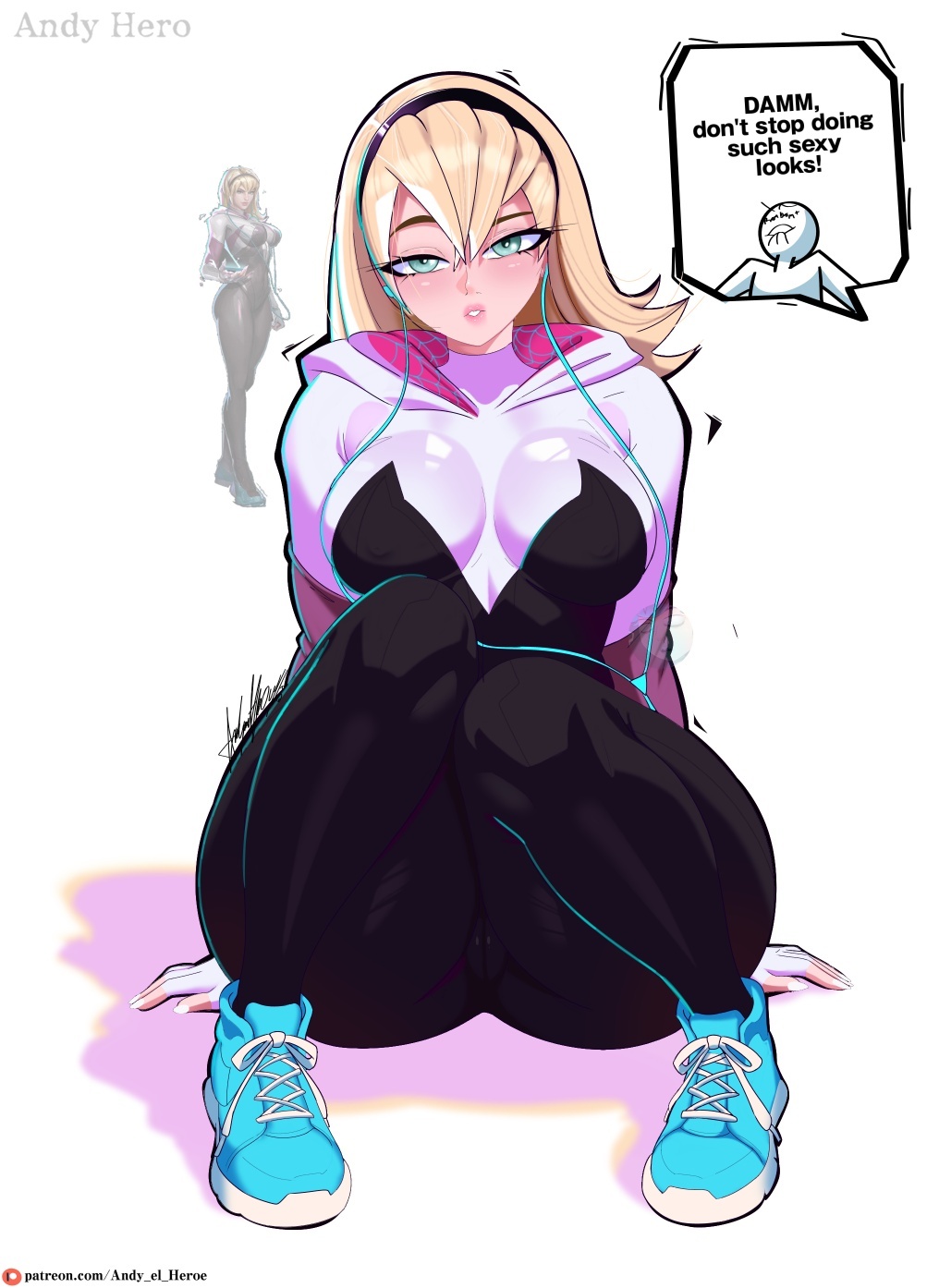 2d, andy hero, clothed, fully clothed, gwen stacy, huge ass, marvel, marvel comics, marvel rivals, small breasts, solo, solo female, solo focus, spider-gwen, tagme, thicc, thick thighs, tight clothing