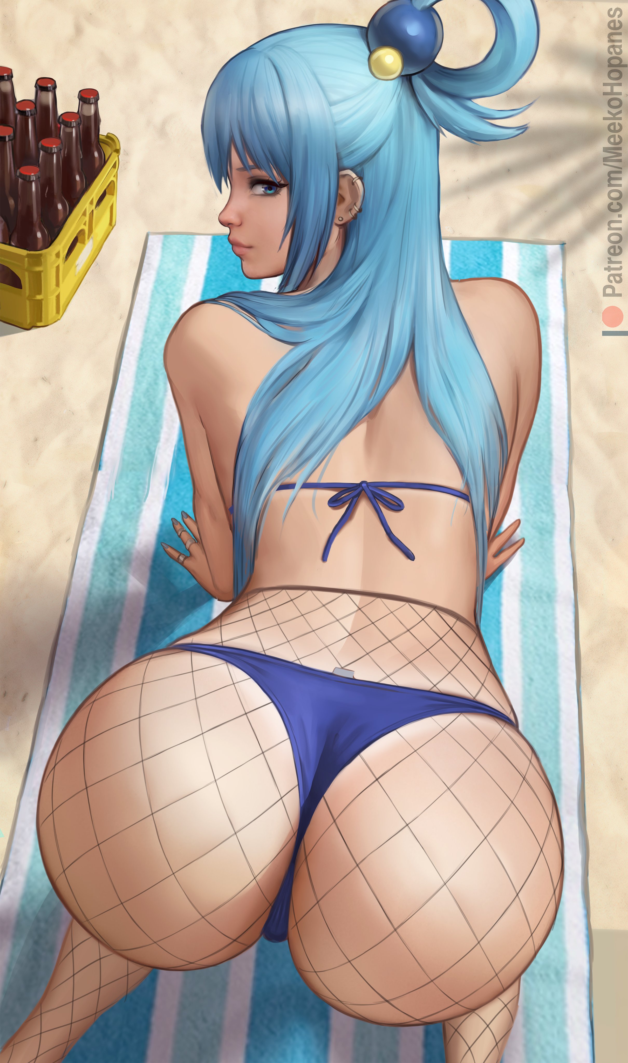 1girls, aqua (konosuba), ass, ass focus, bikini, blue eyes, blue hair, bubble ass, bubble butt, camel toe, cameltoe, fat ass, female, female focus, female only, fishnet, fishnet clothing, fishnet legwear, fishnet stockings, fishnets, hi res, highres, kono subarashii sekai ni shukufuku wo!, long hair, looking at viewer, looking back, meekohopanes, solo focus, thick legs, thick thighs, thunder thighs, thunderthighs, wide hips, wide thighs