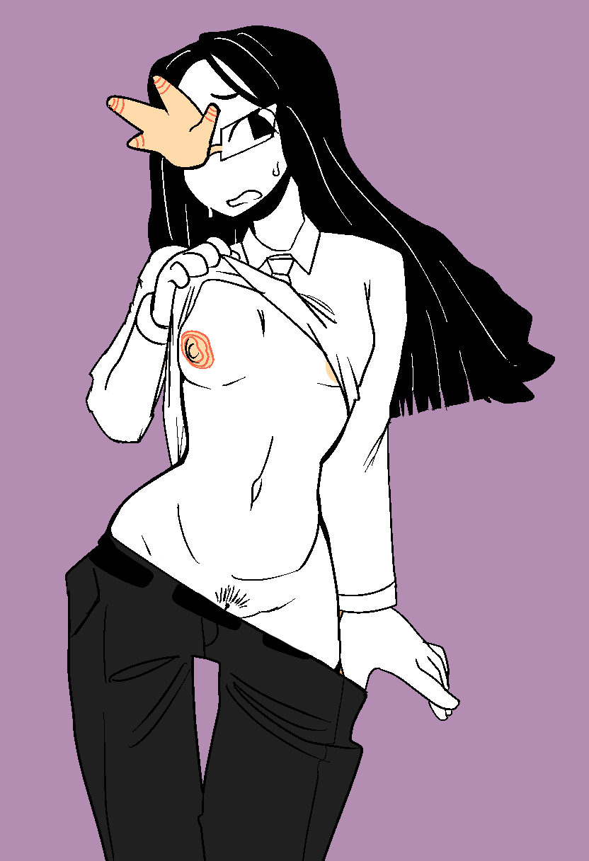 areola, areolae, breasts, business suit, business woman, coral glasses, dumbsmutty, dumbwitchyy, ena (series), flat chest, joel g, pubic hair, pussy, shy, stripping, sweat, taking clothes off, taking off shirt, taking pants off, unusual areolae