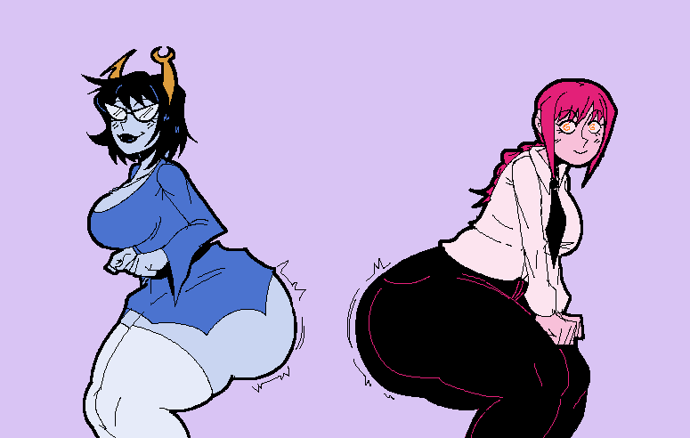 2girls, aranea serket, chainsaw man, homestuck, homestuck troll, huge ass, huge breasts, lipstick, makima (chainsaw man), simple background, tagme, twerking, ykujo