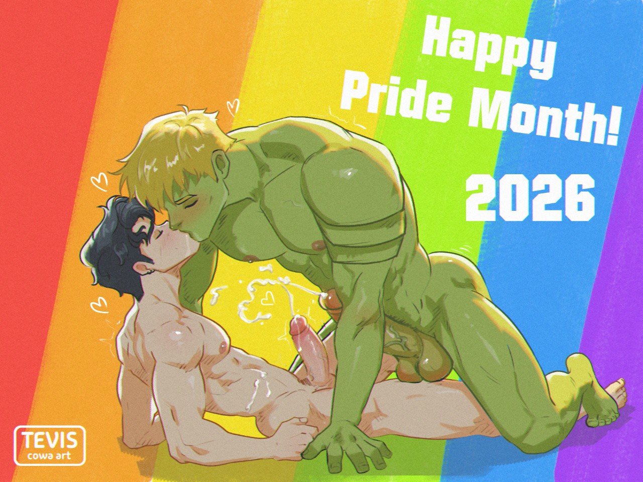 2026, 2boys, alien, big penis, billy kaplan, billy maximoff, black hair, blonde hair, boyfriends, cum, gay, gay pride, green skin, hulkling, husbands, kissing, love, magic user, male only, male/male, marvel, marvel comics, naked, pride colors, pride flag, pride month, pride month 2026, rainbow, rainbow flag, teddy altman, tevis art, wiccan, yaoi, young avengers
