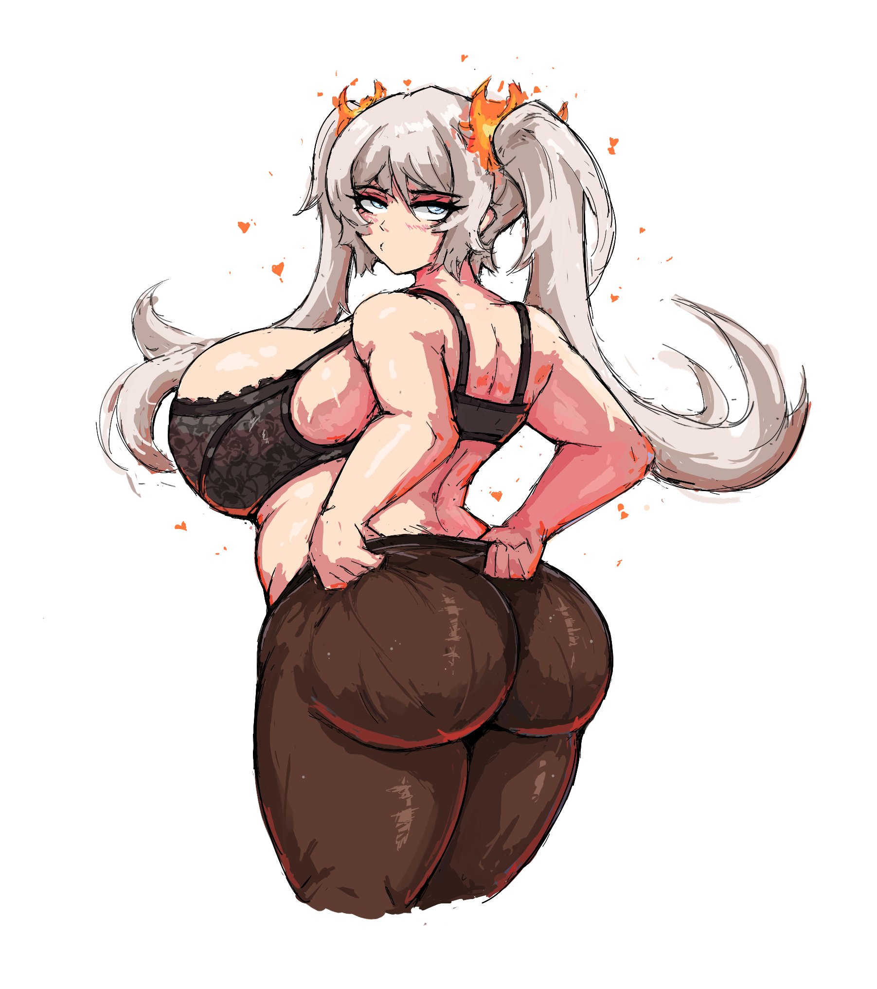 1girls, ass, big ass, big breasts, blue eyes, blush, blushing, breasts, chubby, fat, fat ass, faust (limbus company), female, heart, huge ass, huge breasts, limbus company, lingerie, lingerie bra, lingerie panties, littleteze, long hair, panties, pantyhose, pantyhose pull, project moon, thick thighs, thighs, tugging, tugging clothing, white background, white hair
