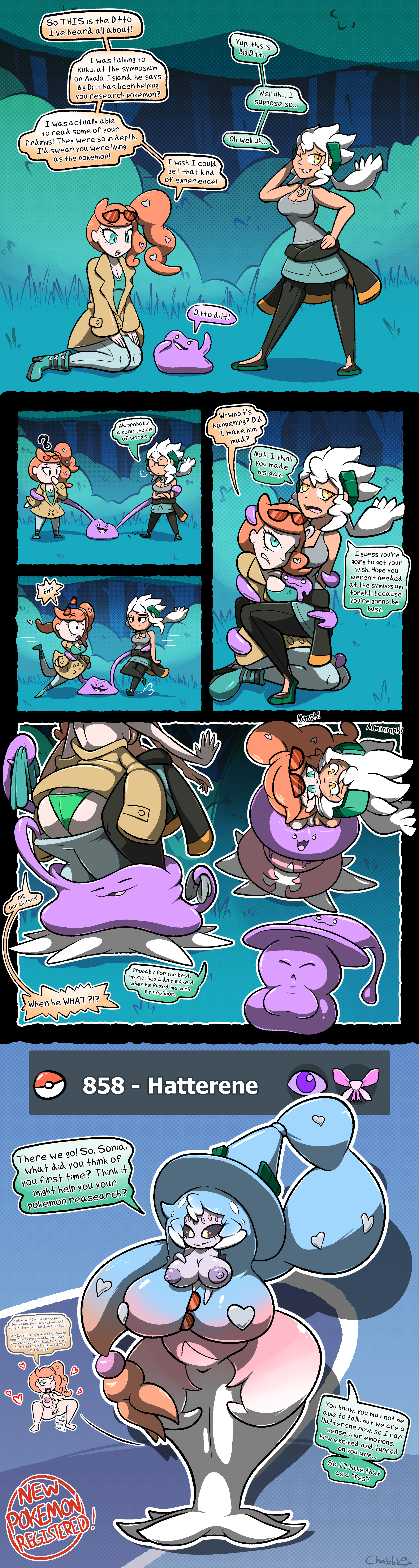 amber eyes, big ditt (chabble), burnet (pokemon), chabble, comic, ditto, fake body, forest, fusion, green eyes, hair, hair ornament, hair transformation, hatterene, inanimate transformation, orange hair, pink body, pokemon, purple nipples, sonia (pokemon), tagme, tan body, transformation, transformation sequence, white eyes, white hair