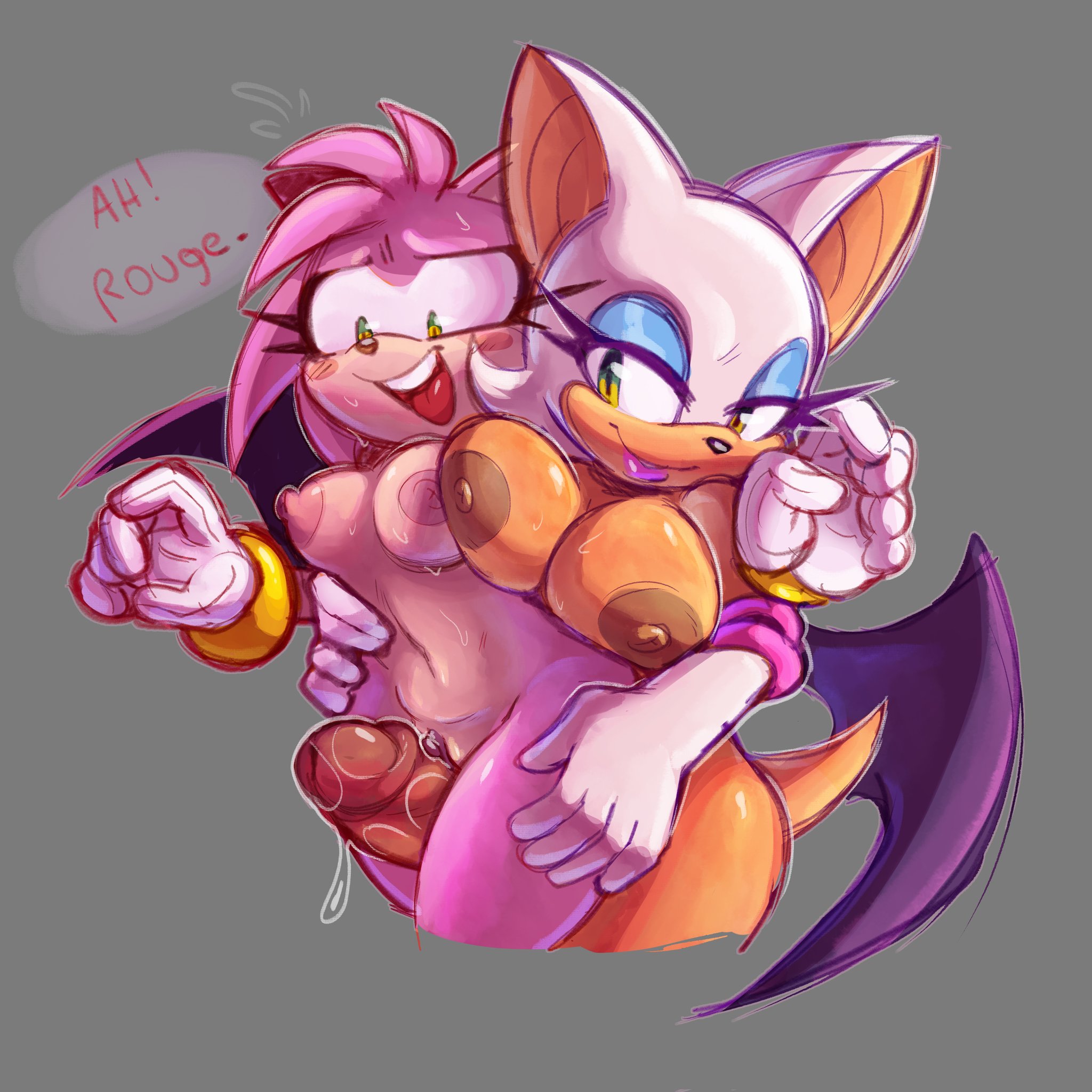 1:1, 1futa, 1girls, amy rose, anthro, armwear, bat, big breasts, big penis, blush, bodily fluids, breasts, brown nipples, clothing, duo, elbow gloves, erection, eulipotyphlan, eyeshadow, female, fur, futa on female, futanari, genital fluids, genitals, gloves, green eyes, gynomorph, handwear, hedgehog, hi res, imminent sex, intersex, intersex/female, lipstick, makeup, mammal, martyjade23, membrane (anatomy), membranous wings, nipples, nude, nude female, nude gynomorph, penis, penis poking out, pink body, pink nipples, precum, rouge the bat, sega, shortstack, smile, sonic (series), sonic the hedgehog (series), speech bubble, tail, tan body, tan fur, thigh sex, thighjob, vulva, white body, white fur, wings