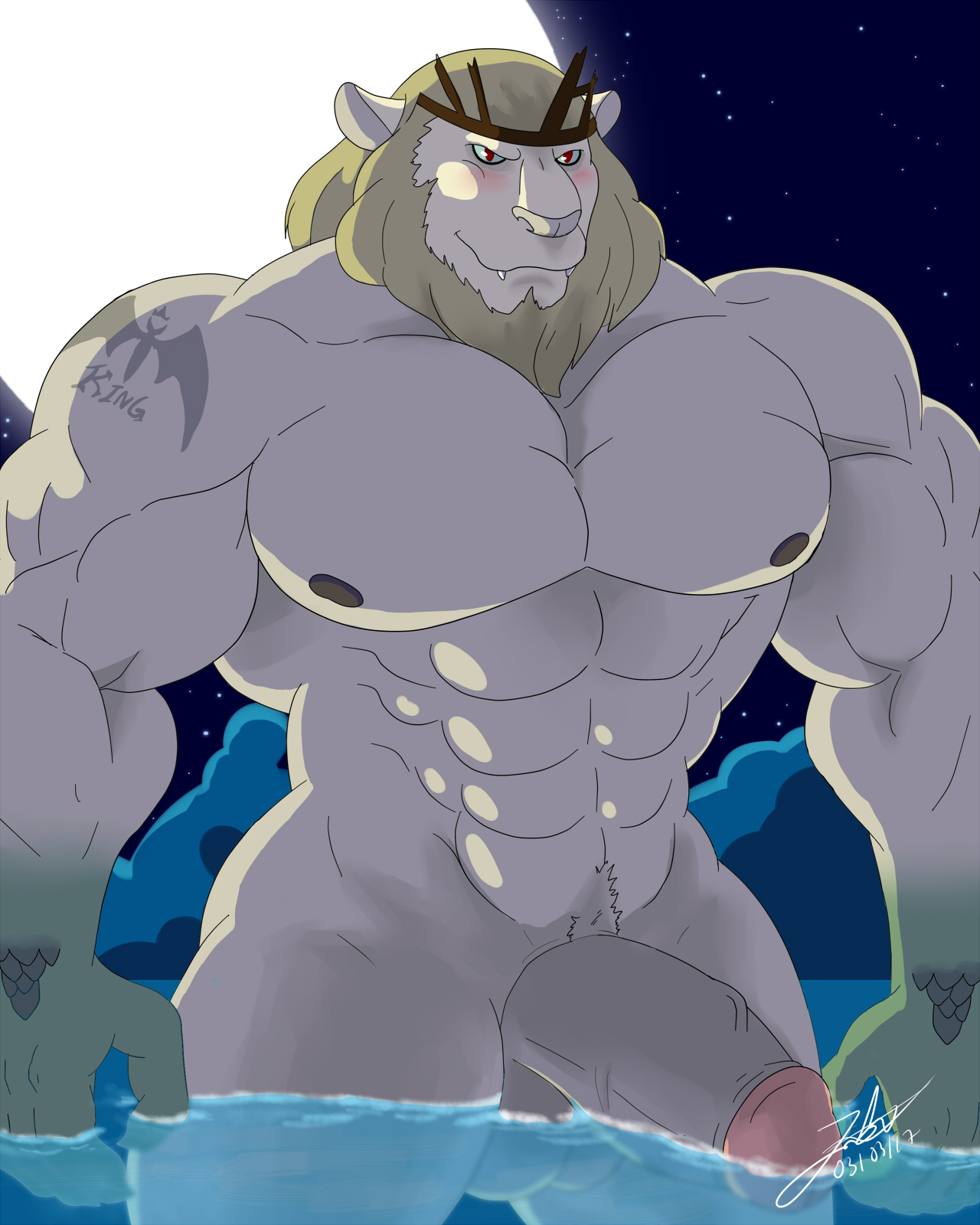 adventure time, anthro, cartoon network, full moon, furry, furry only, male, male focus, male only, miguel okami, monster, moon, muscular, no humans, nude, penis, solo, vampire, vampire king