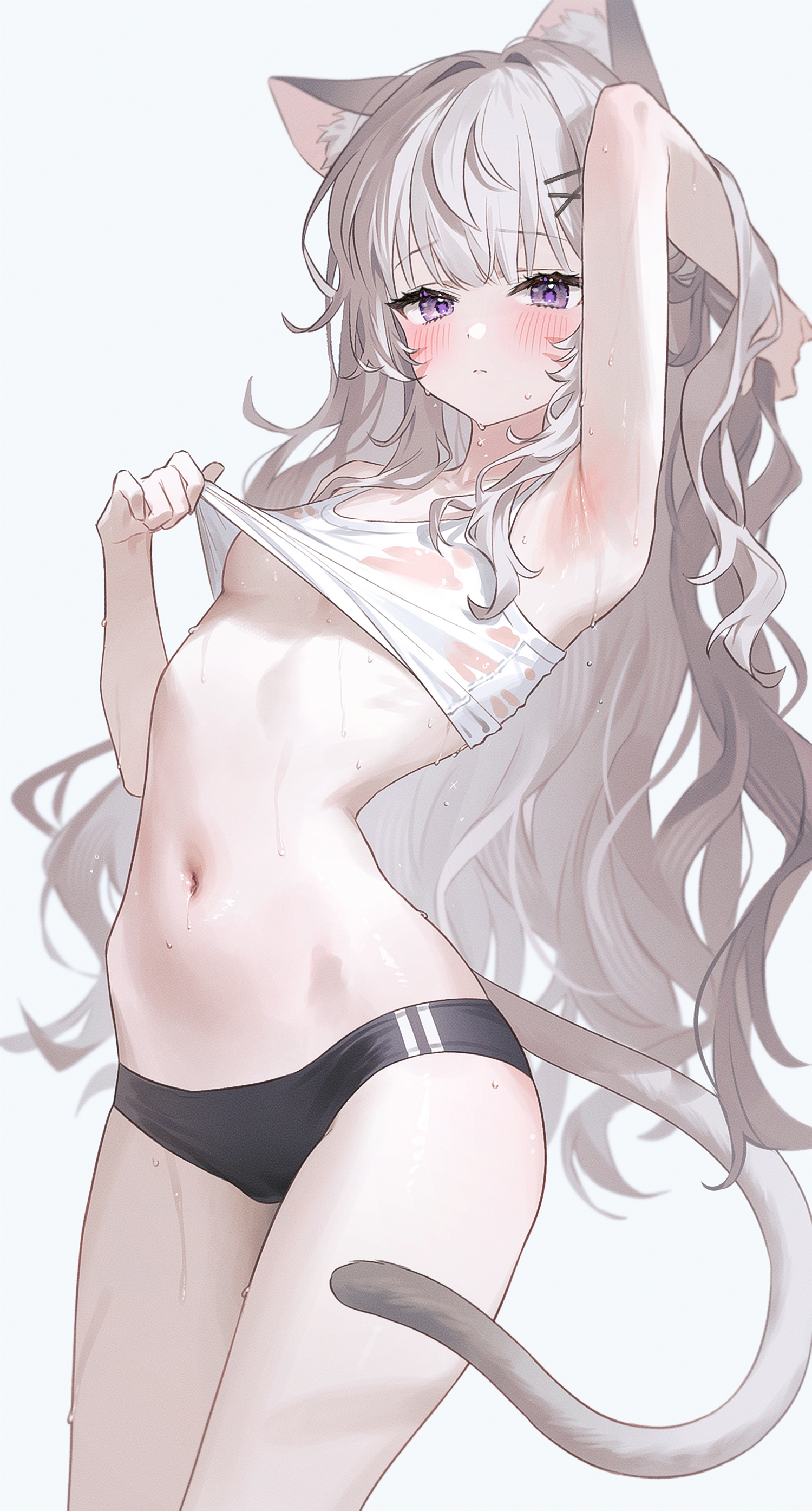 1girls, animal ears, armpits, bare shoulders, belly button, blush, bra, bra lift, bra pull, breasts, cat ears, cat tail, female, female focus, female only, female torso, fymrie, grey hair, long hair, looking at viewer, original, original character, panties, purple eyes, small breasts, solo, standing, stomach, tail, taking clothes off, thighs, underwear, undressing, white background, white hair