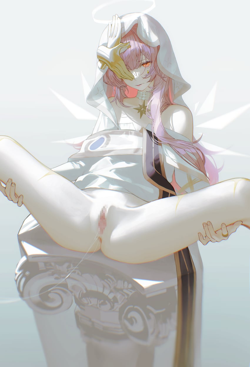 1girls, ambience synesthesia, arknights, bottomless, censored, dress, halo, highres, holding legs, iumu, lemuen (arknights), long hair, looking at viewer, mosaic censoring, pink hair, pussy, pussy juice, pussy juice trail, simple background, solo, veil, wings