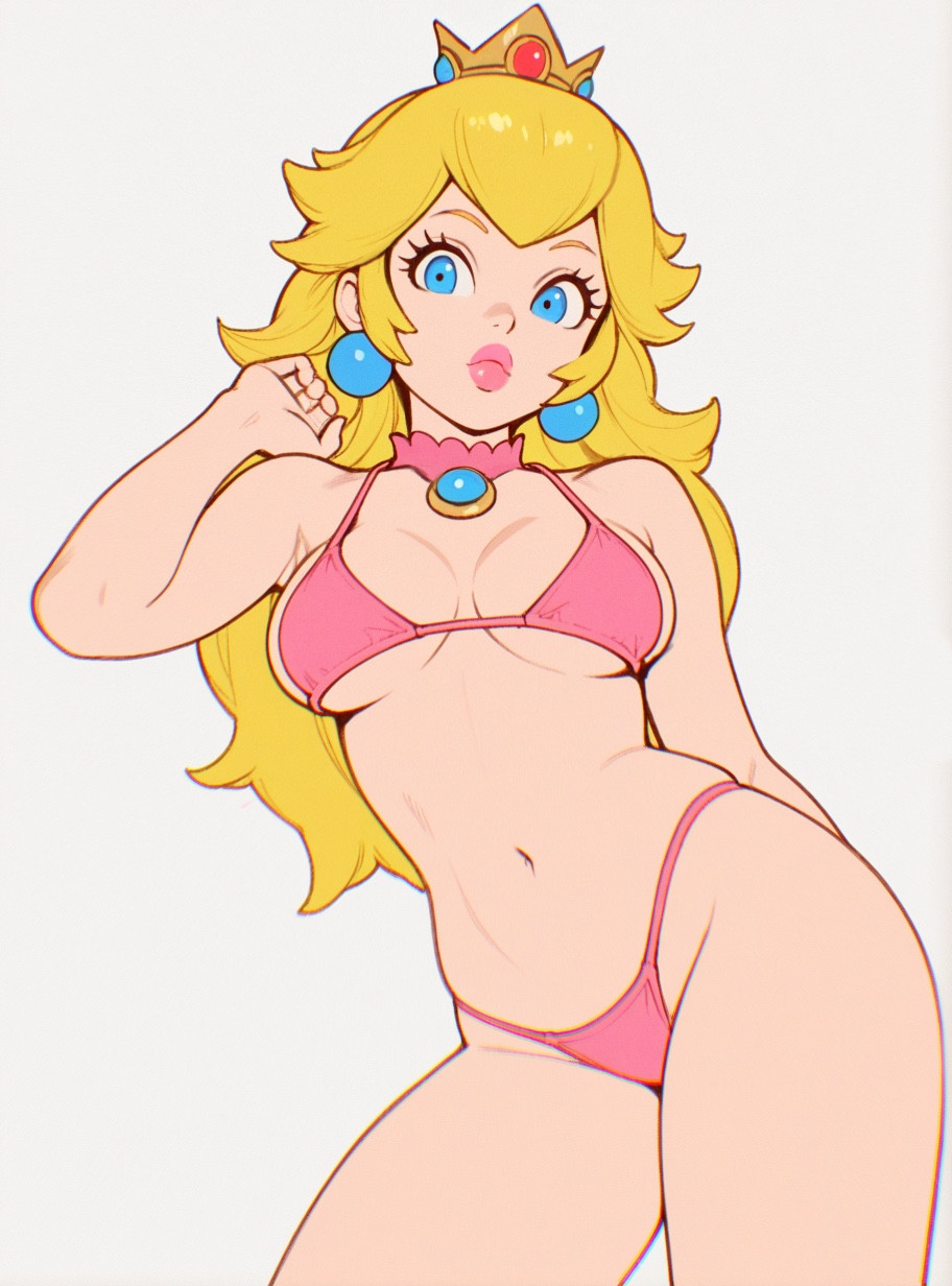 1girls arm_behind_back bikini bikini_bottom bikini_top blonde_hair blue_eyes breasts clothing crown eyelashes female female_only hourglass_figure human light-skinned_female light_skin lipstick long_hair looking_at_viewer mario_(series) mature mature_female mature_woman mewmirth nintendo pink_bikini pink_bikini_bottom pink_bikini_top pink_lipstick princess princess_peach royalty solo solo_female voluptuous voluptuous_female white_background