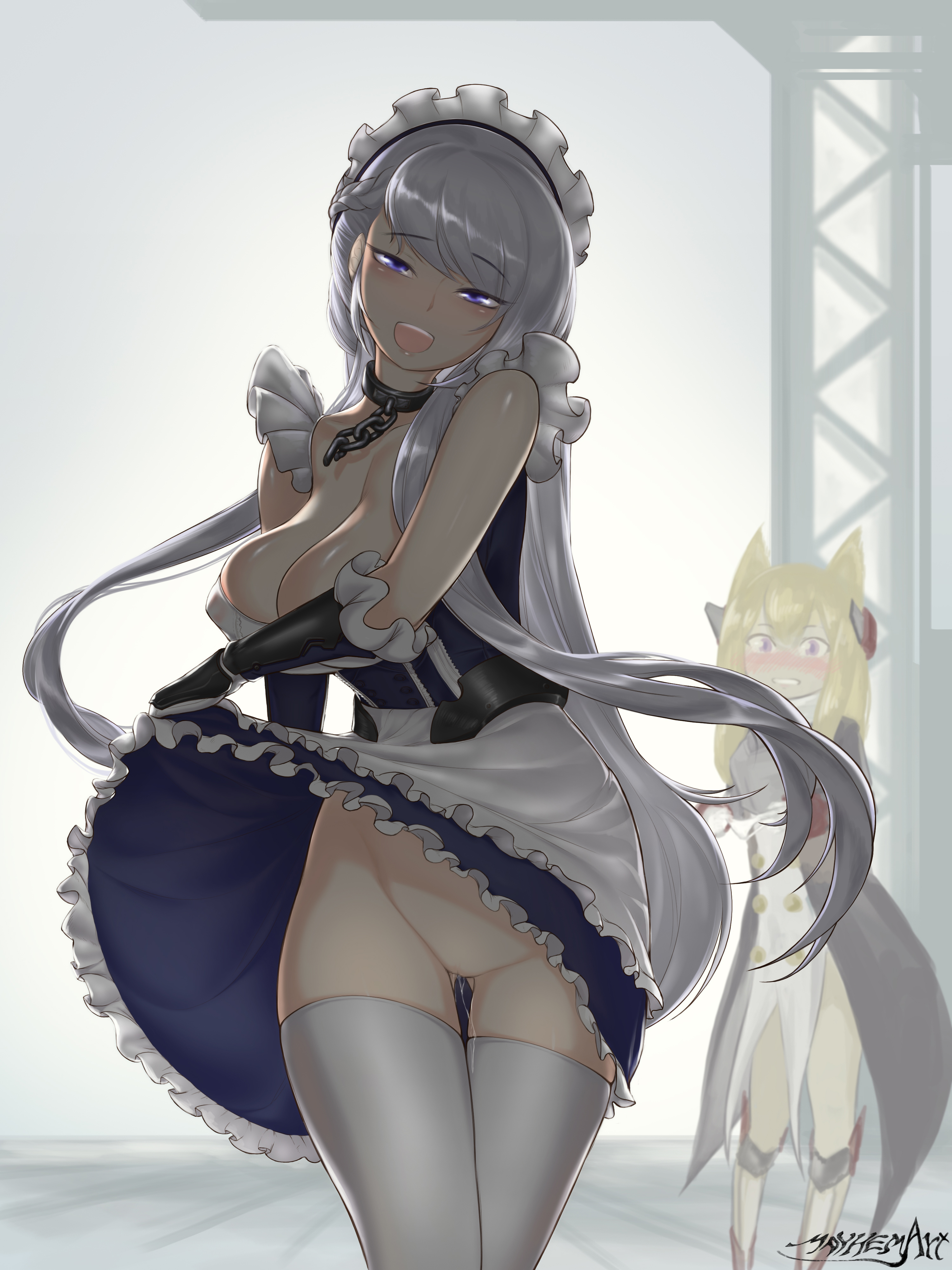 2girls, absurdres, azur lane, belfast (azur lane), big breasts, blush, breasts, censored, cleavage, female, female only, highres, large breasts, looking at viewer, mayhem (artist), no panties, no panties under skirt, nopan, pussy, pussy juice, skirt, solo focus, thighhighs, upskirt